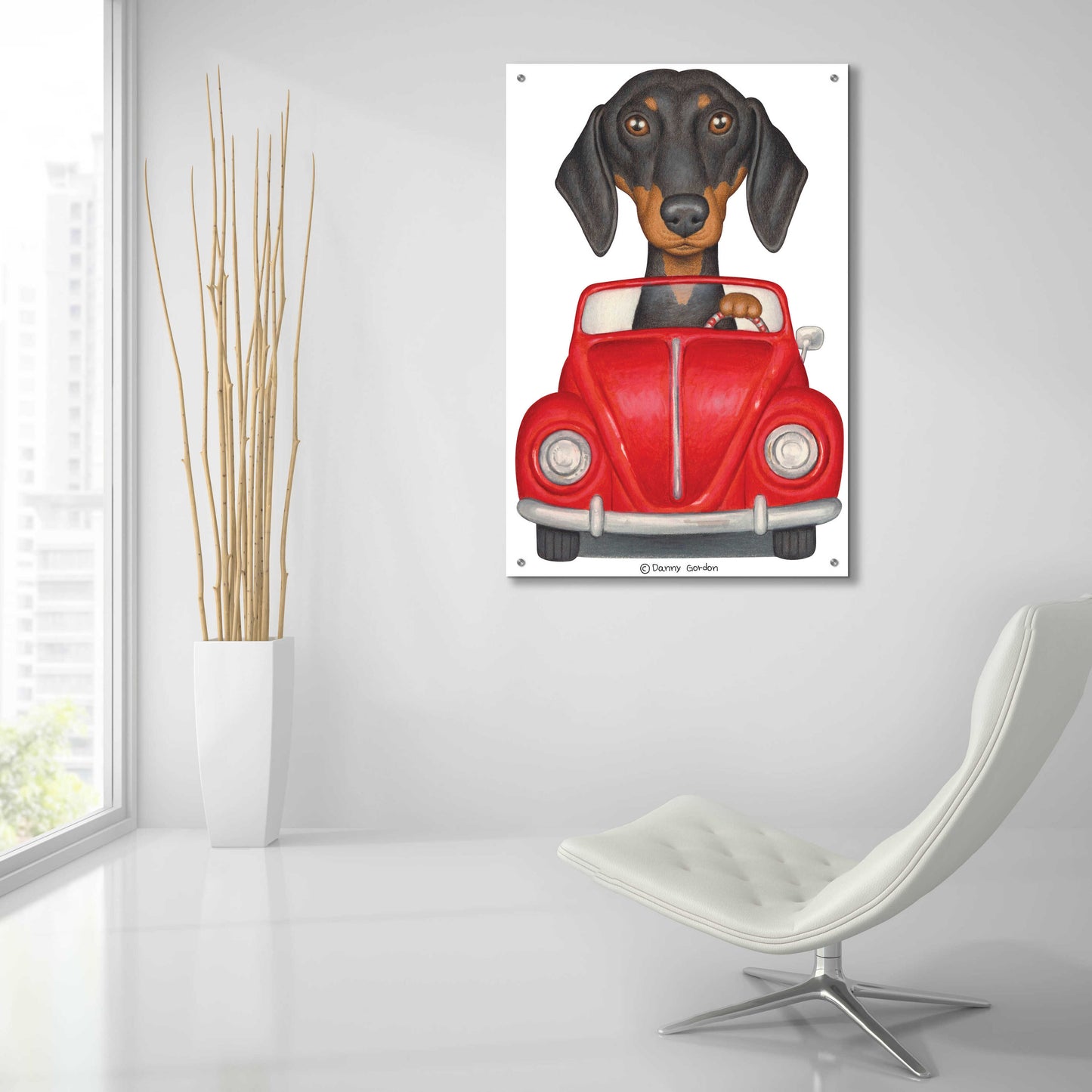 Epic Art 'Black Dachshund Red Volkswagon' by Danny Gordon Art, Acrylic Glass Wall Art,24x36