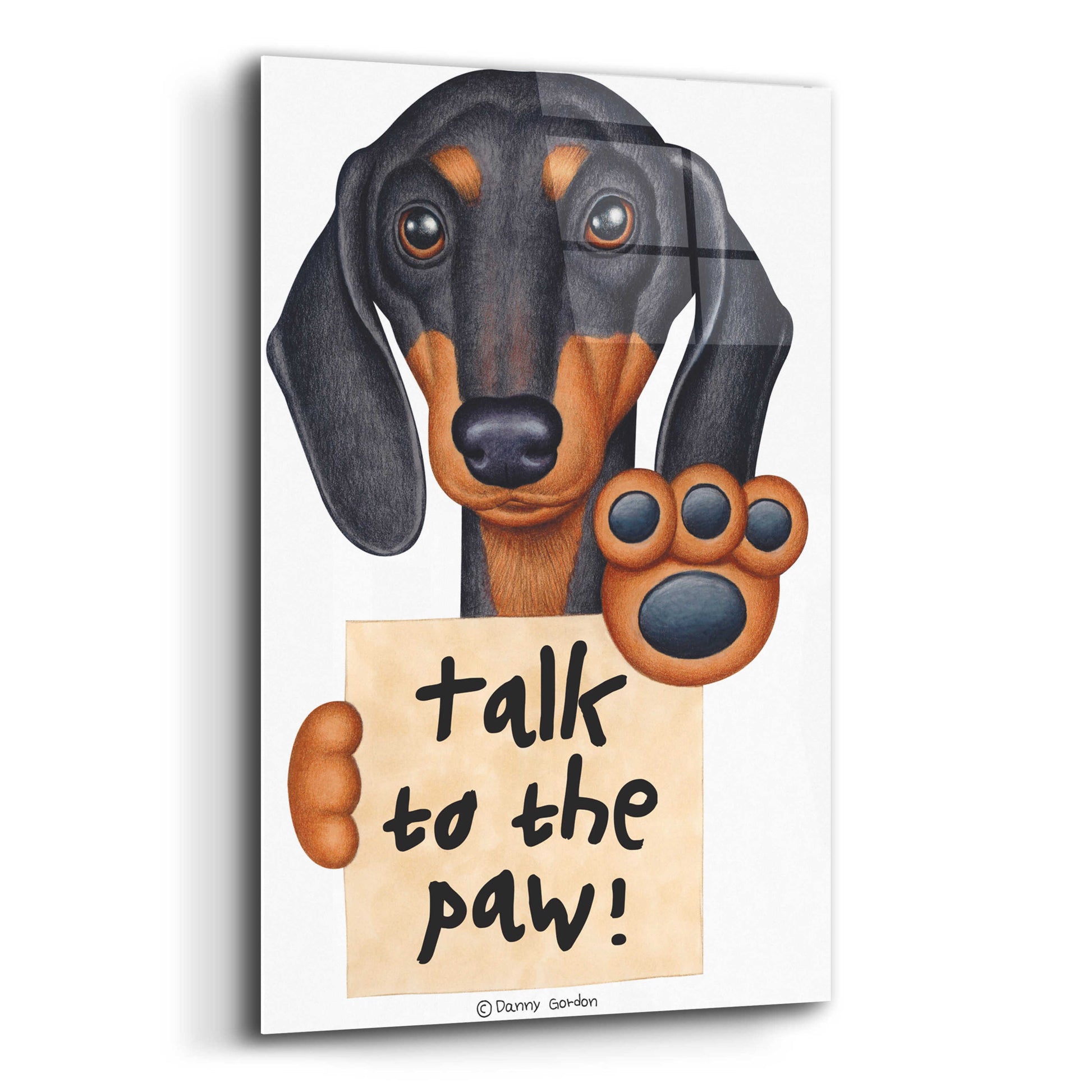 Epic Art 'Black Dachshund Talk to the Paw' by Danny Gordon Art, Acrylic Glass Wall Art,12x16