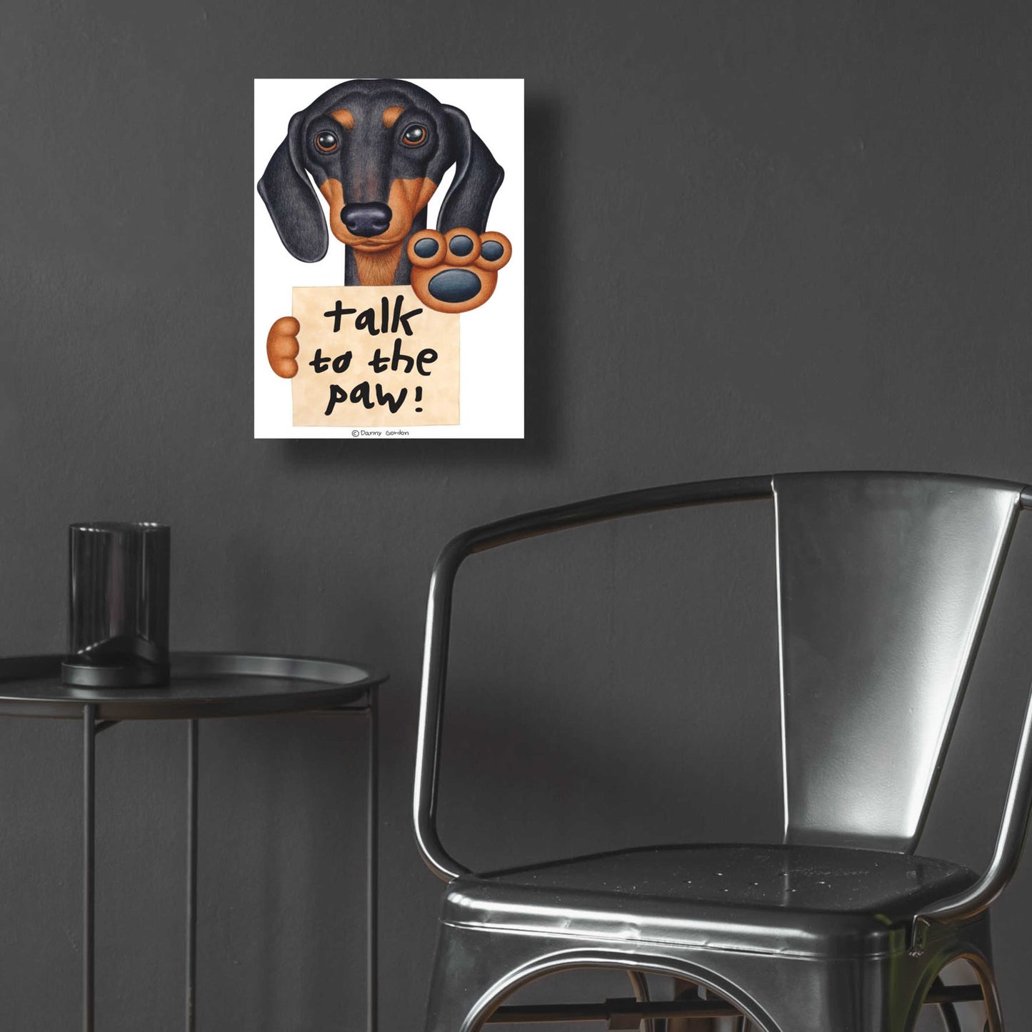 Epic Art 'Black Dachshund Talk to the Paw' by Danny Gordon Art, Acrylic Glass Wall Art,12x16