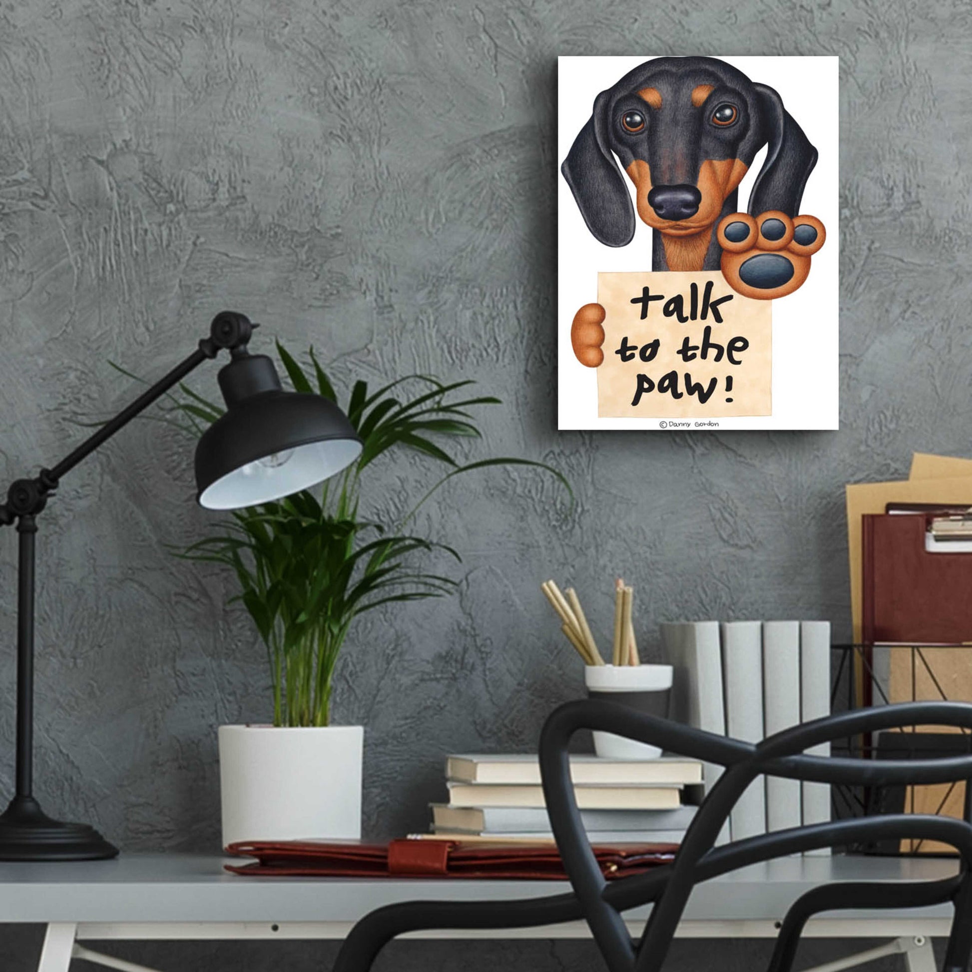 Epic Art 'Black Dachshund Talk to the Paw' by Danny Gordon Art, Acrylic Glass Wall Art,12x16