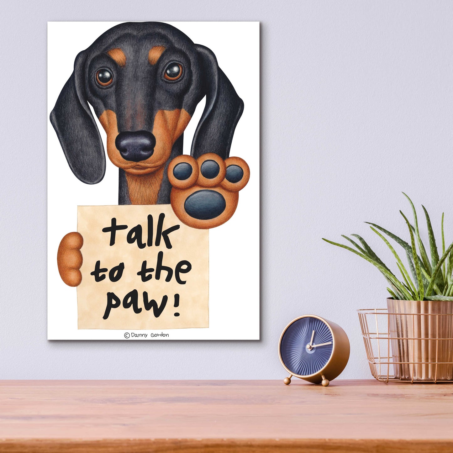 Epic Art 'Black Dachshund Talk to the Paw' by Danny Gordon Art, Acrylic Glass Wall Art,12x16