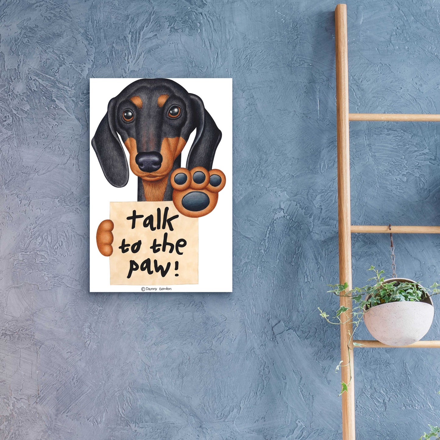 Epic Art 'Black Dachshund Talk to the Paw' by Danny Gordon Art, Acrylic Glass Wall Art,16x24