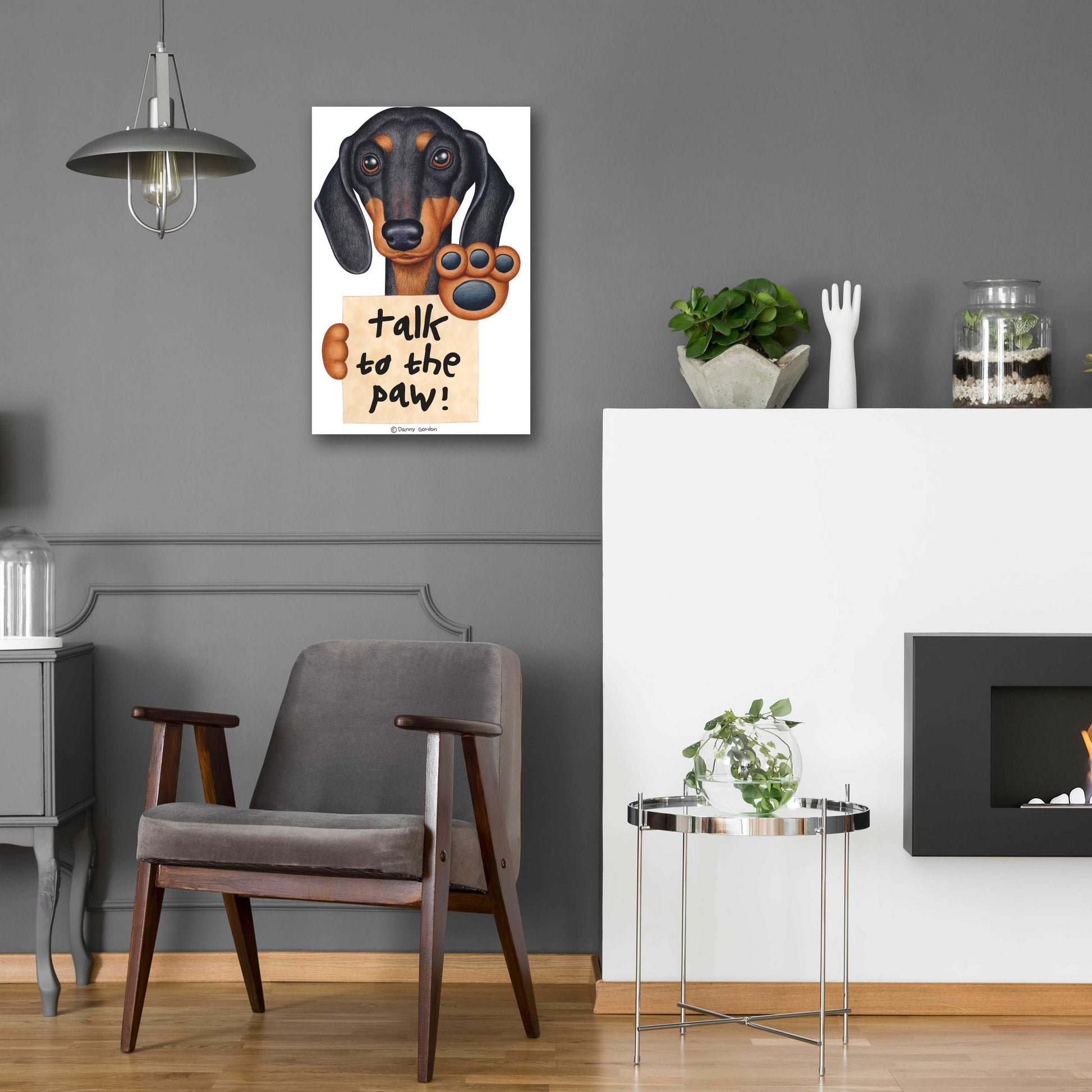 Epic Art 'Black Dachshund Talk to the Paw' by Danny Gordon Art, Acrylic Glass Wall Art,16x24