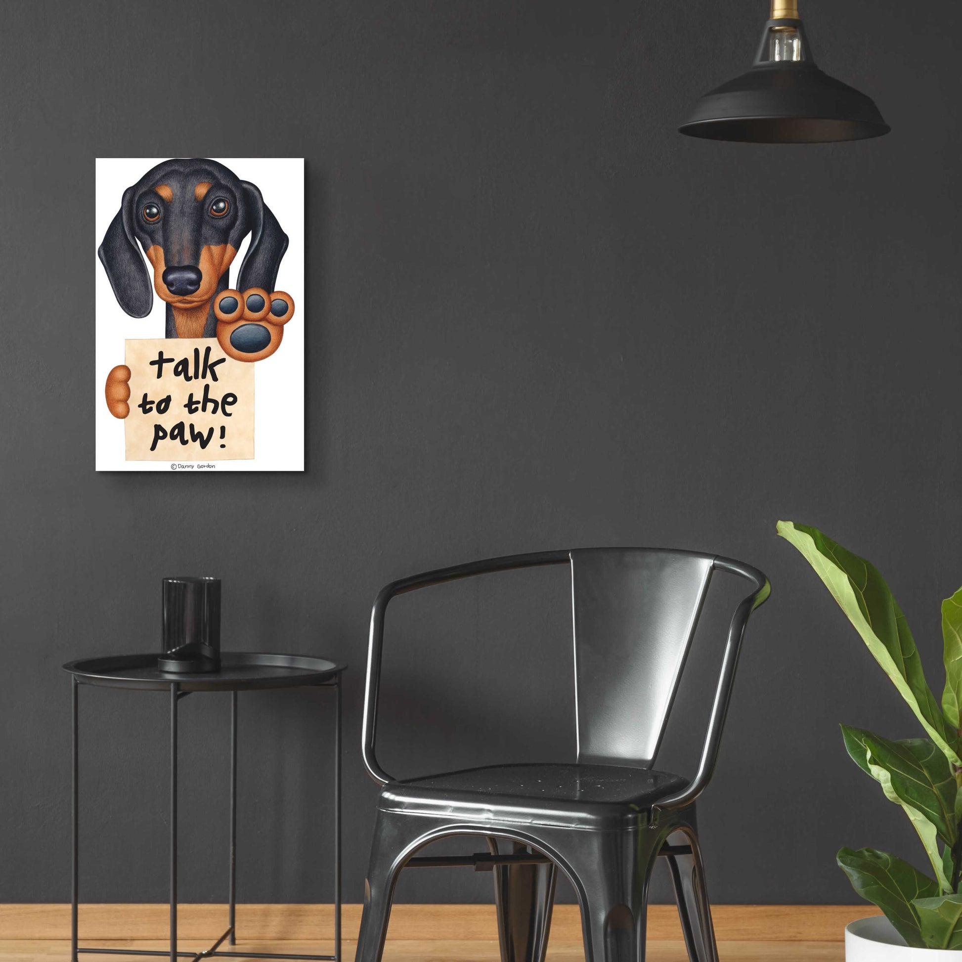 Epic Art 'Black Dachshund Talk to the Paw' by Danny Gordon Art, Acrylic Glass Wall Art,16x24