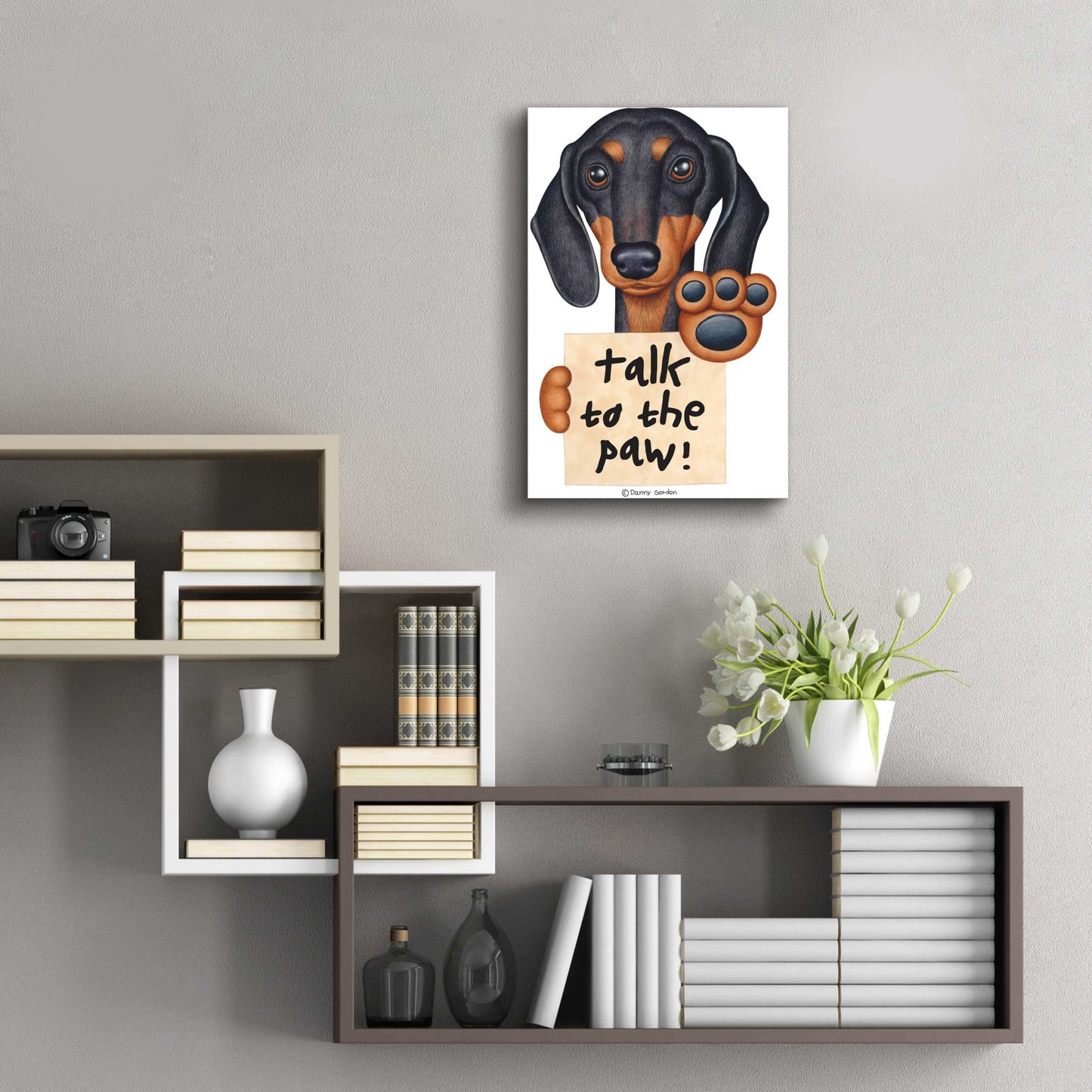 Epic Art 'Black Dachshund Talk to the Paw' by Danny Gordon Art, Acrylic Glass Wall Art,16x24