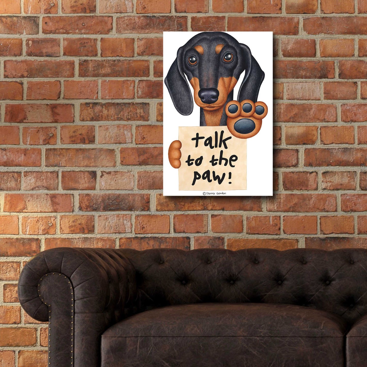 Epic Art 'Black Dachshund Talk to the Paw' by Danny Gordon Art, Acrylic Glass Wall Art,16x24