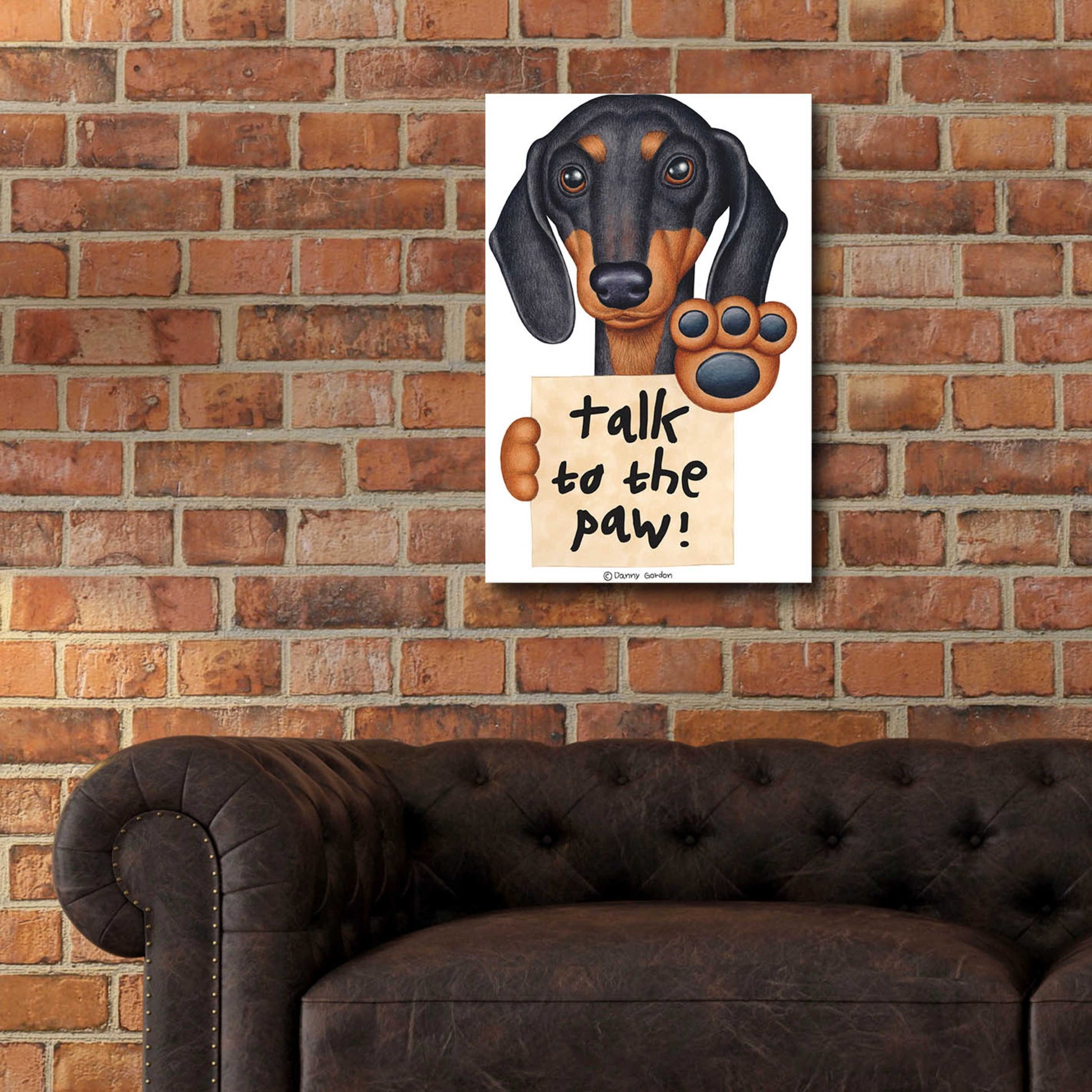 Epic Art 'Black Dachshund Talk to the Paw' by Danny Gordon Art, Acrylic Glass Wall Art,16x24