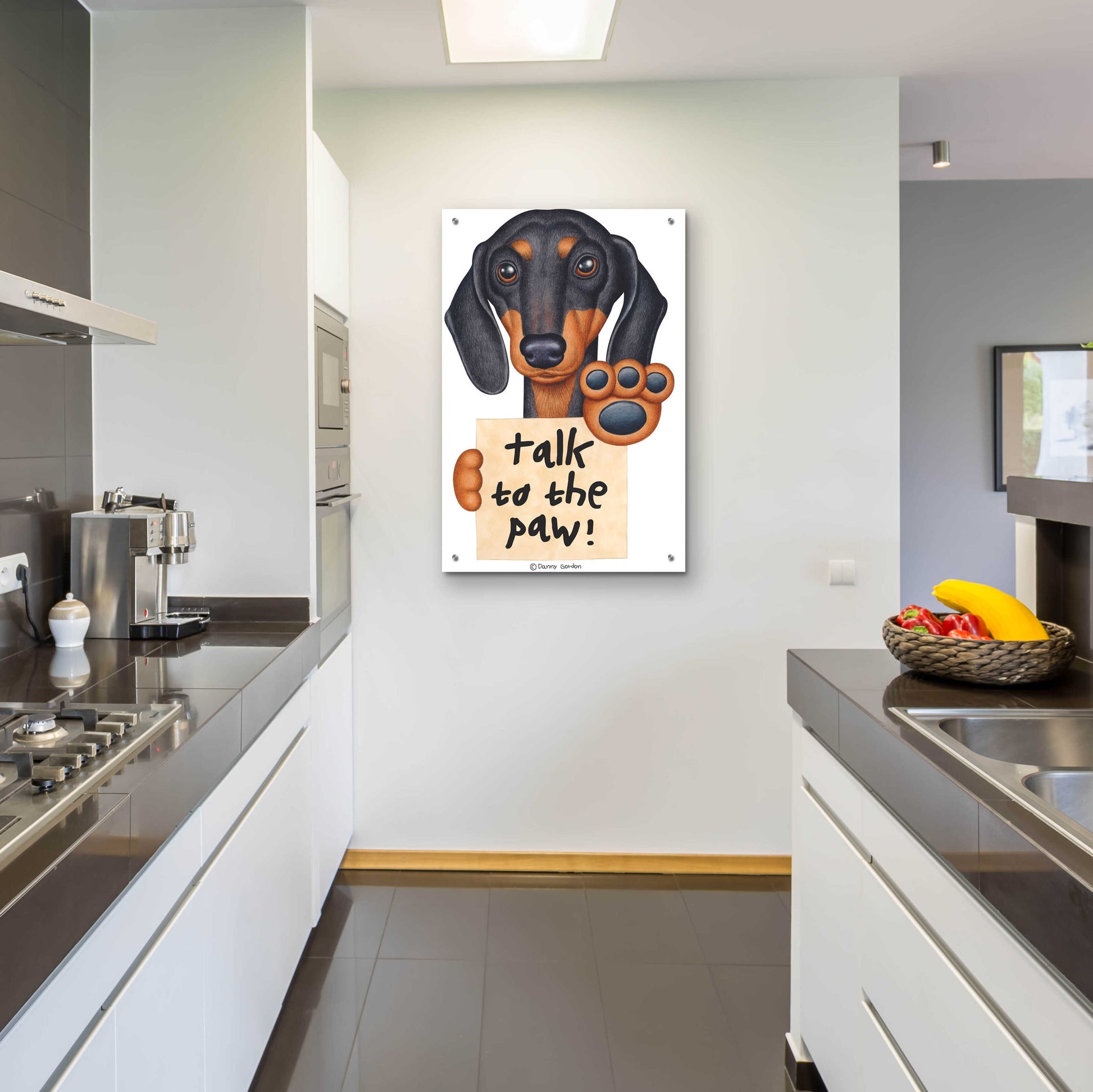 Epic Art 'Black Dachshund Talk to the Paw' by Danny Gordon Art, Acrylic Glass Wall Art,24x36