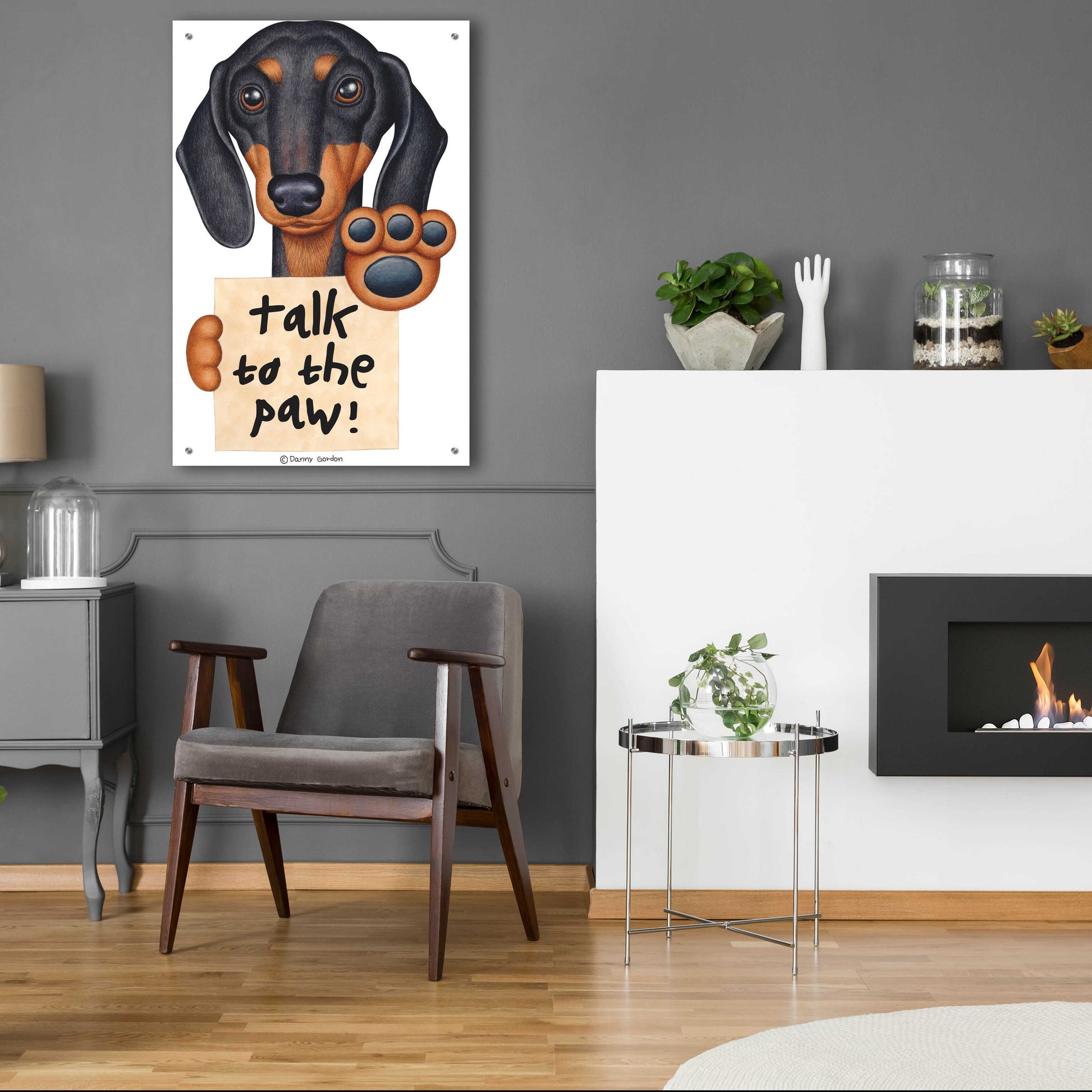 Epic Art 'Black Dachshund Talk to the Paw' by Danny Gordon Art, Acrylic Glass Wall Art,24x36