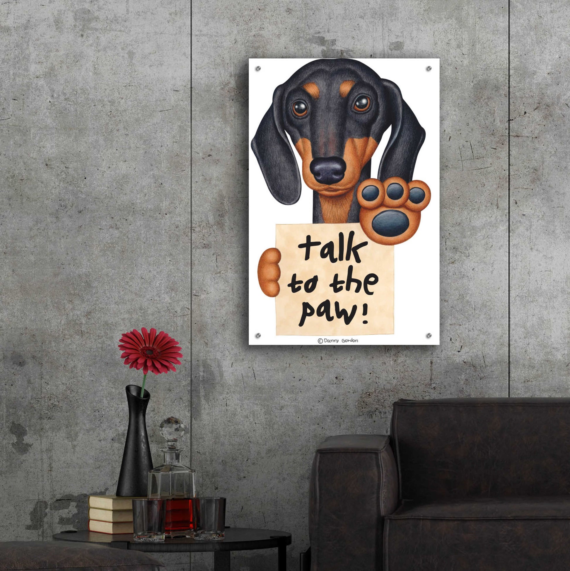 Epic Art 'Black Dachshund Talk to the Paw' by Danny Gordon Art, Acrylic Glass Wall Art,24x36