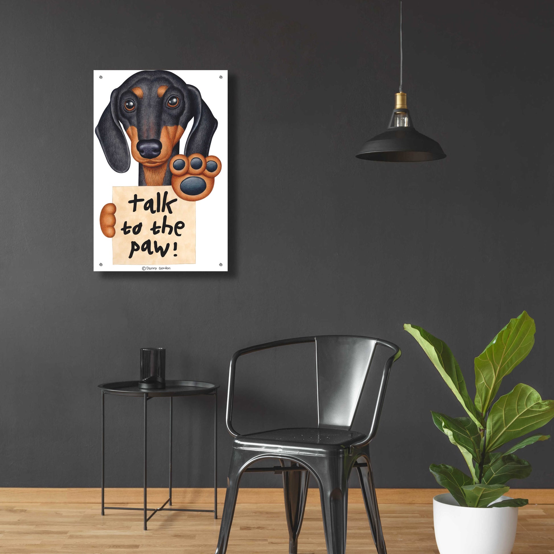 Epic Art 'Black Dachshund Talk to the Paw' by Danny Gordon Art, Acrylic Glass Wall Art,24x36