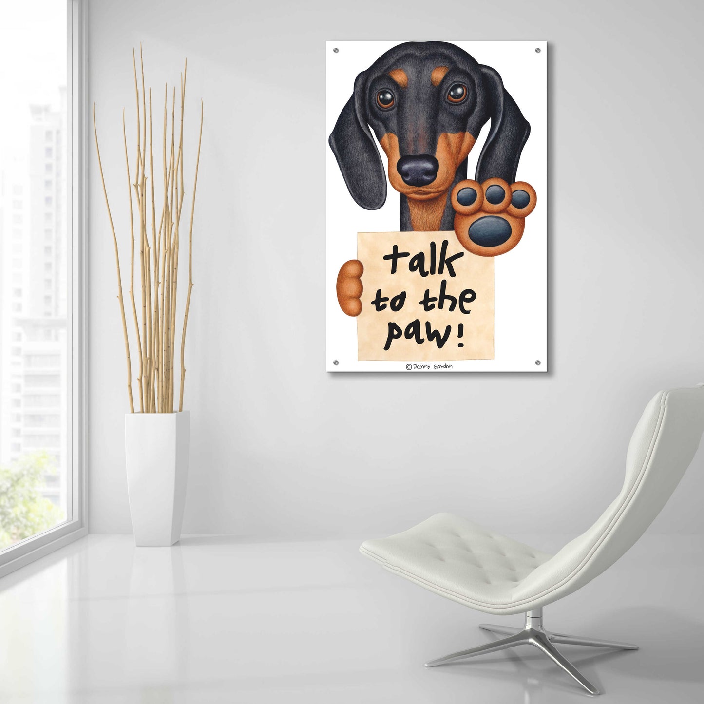 Epic Art 'Black Dachshund Talk to the Paw' by Danny Gordon Art, Acrylic Glass Wall Art,24x36