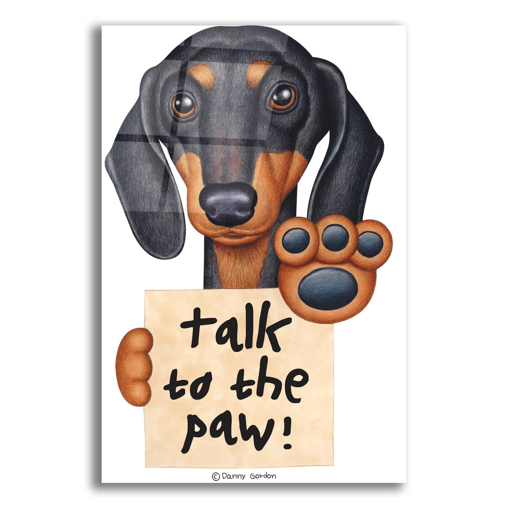 Epic Art 'Black Dachshund Talk to the Paw' by Danny Gordon Art, Acrylic Glass Wall Art