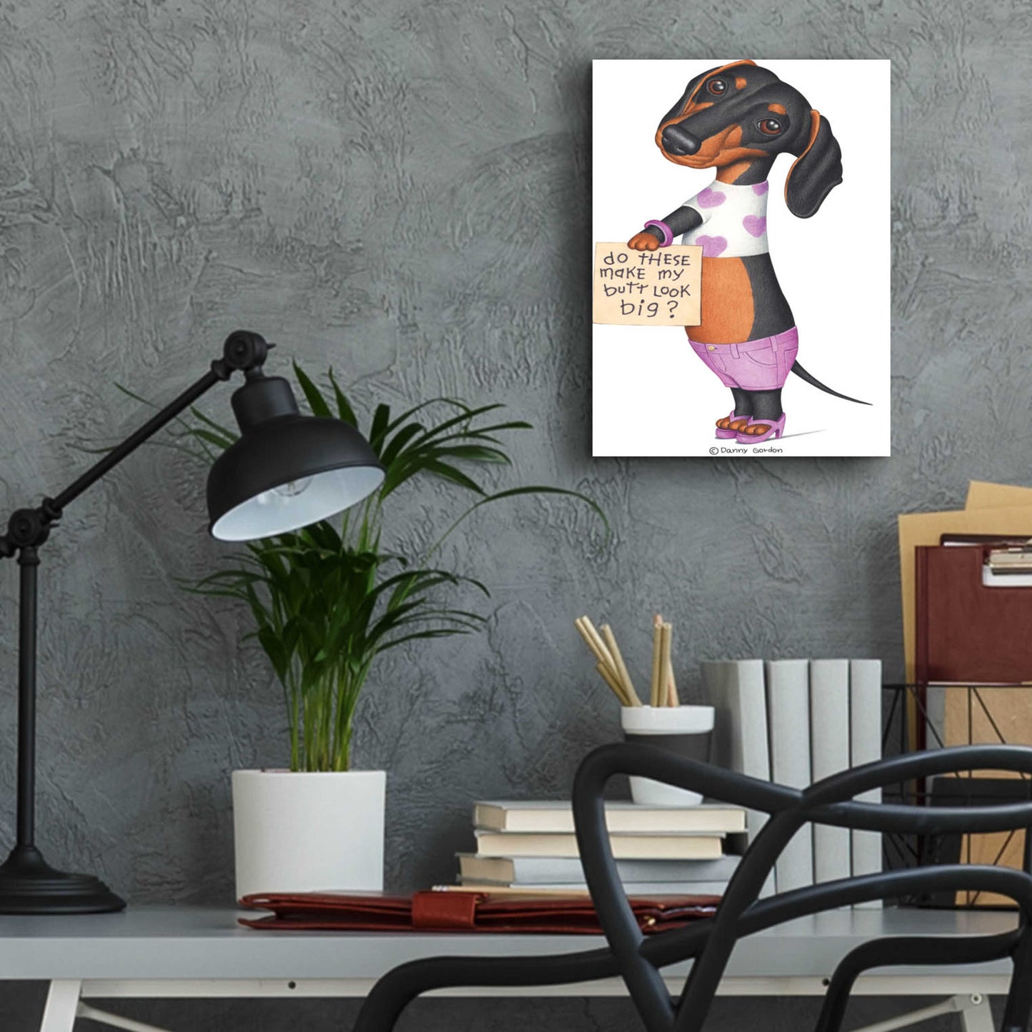 Epic Art 'Black Dachshund Top Shorts Sandals' by Danny Gordon Art, Acrylic Glass Wall Art,12x16