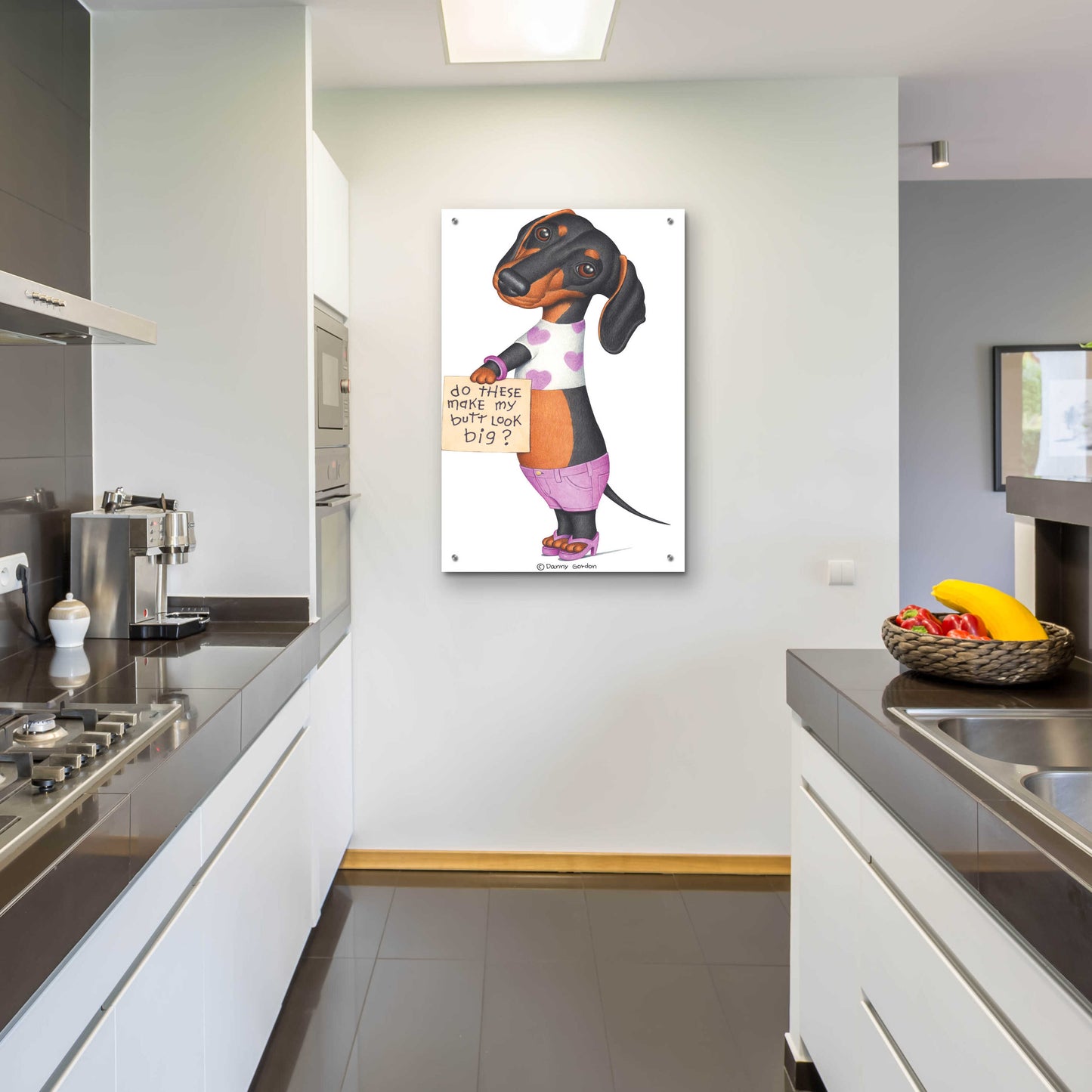 Epic Art 'Black Dachshund Top Shorts Sandals' by Danny Gordon Art, Acrylic Glass Wall Art,24x36