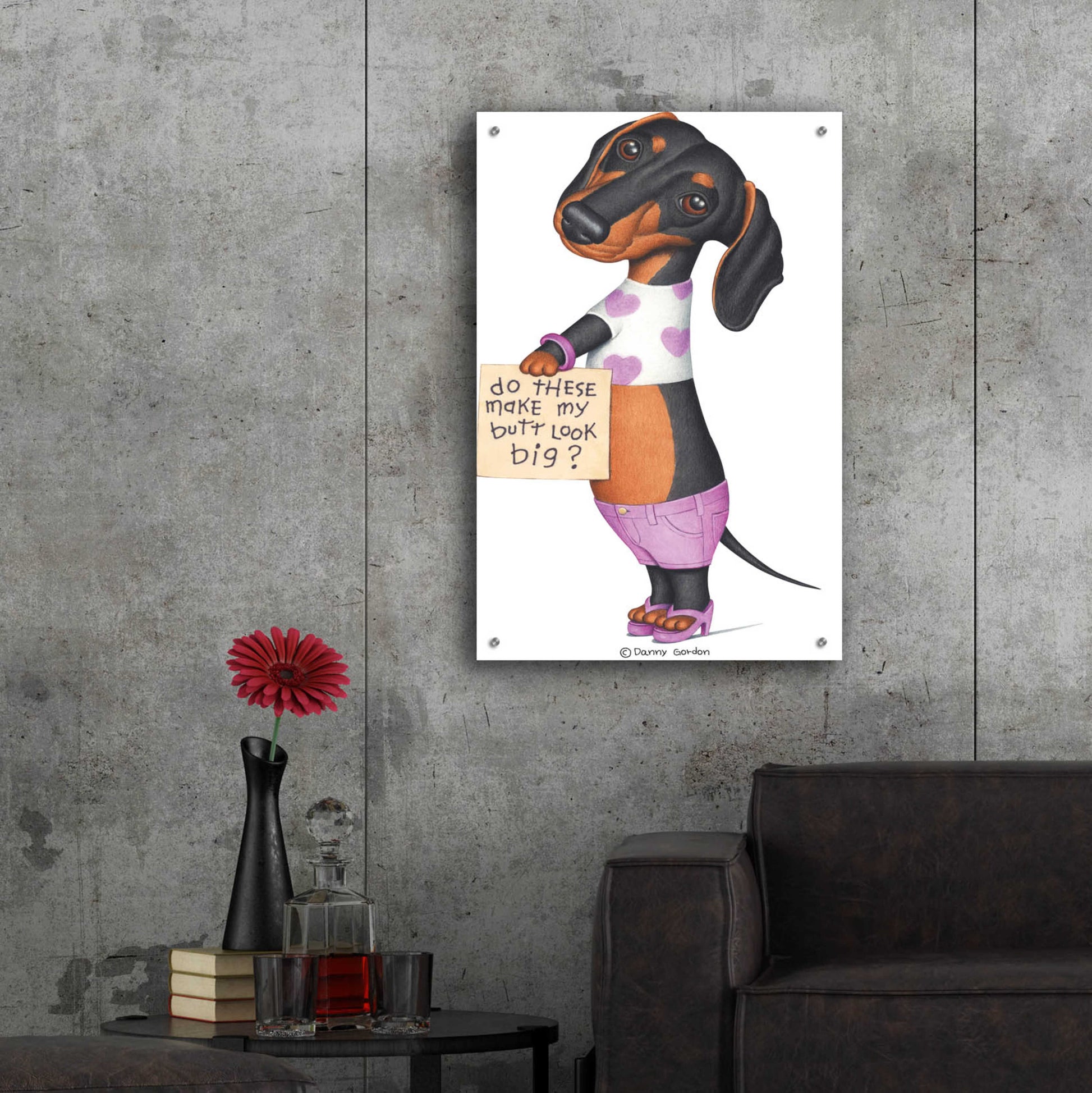 Epic Art 'Black Dachshund Top Shorts Sandals' by Danny Gordon Art, Acrylic Glass Wall Art,24x36