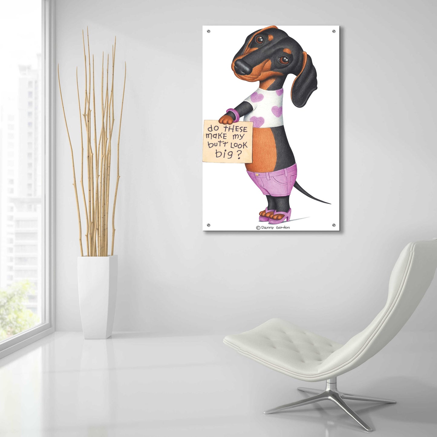 Epic Art 'Black Dachshund Top Shorts Sandals' by Danny Gordon Art, Acrylic Glass Wall Art,24x36