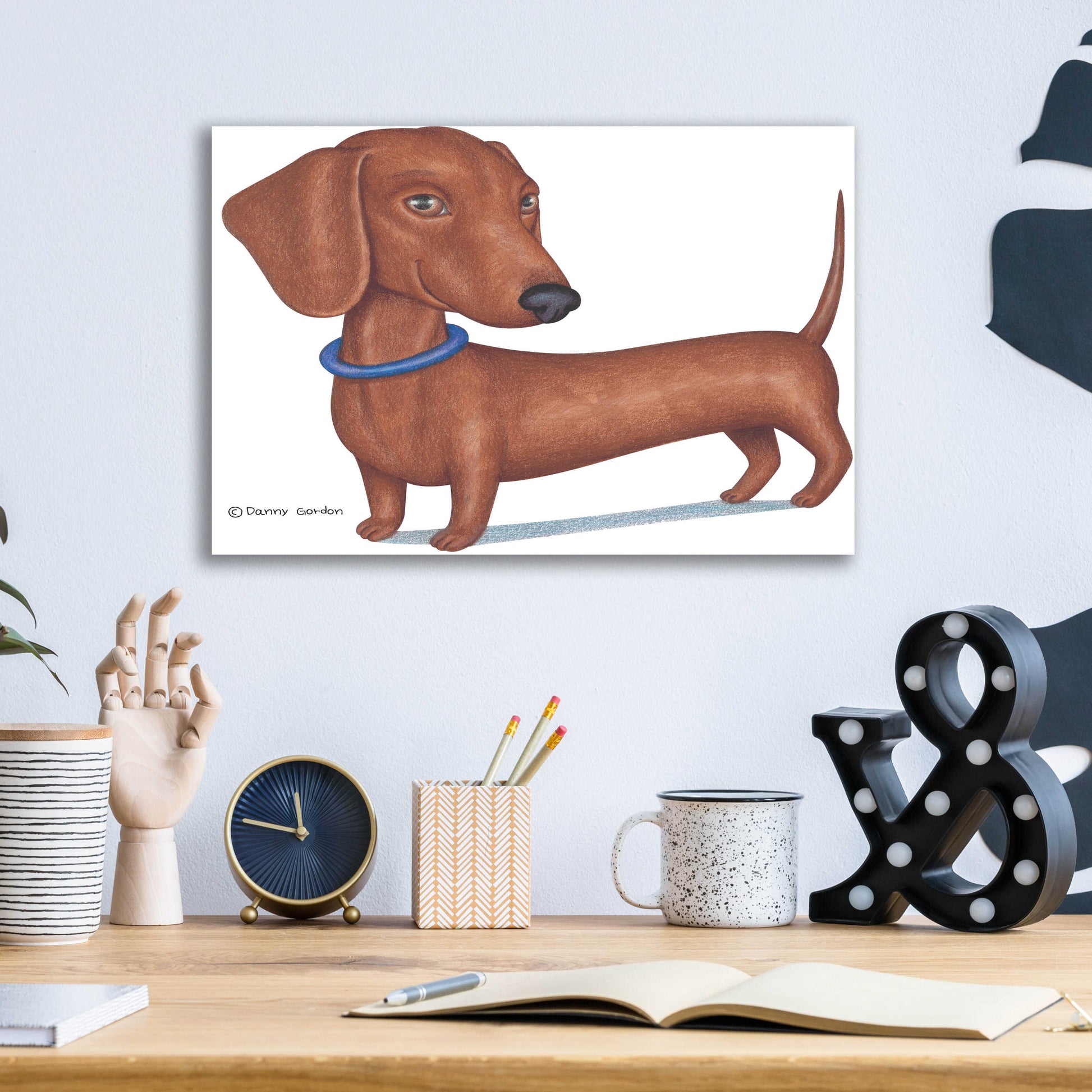 Epic Art 'Brown Dachshund Blue Collar' by Danny Gordon Art, Acrylic Glass Wall Art,16x12