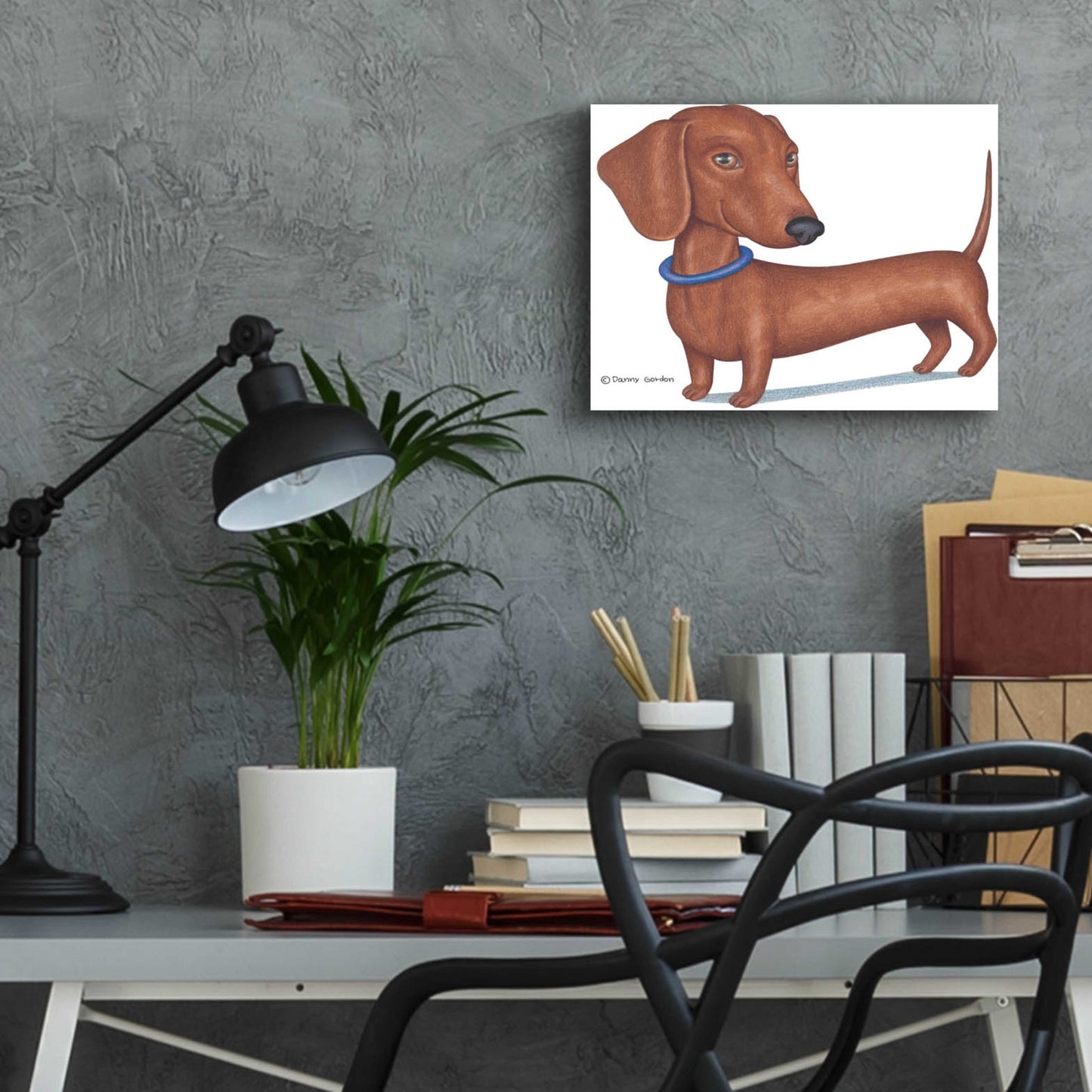 Epic Art 'Brown Dachshund Blue Collar' by Danny Gordon Art, Acrylic Glass Wall Art,16x12