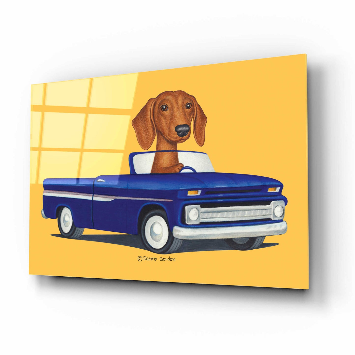 Epic Art 'Brown Dachshund Blue Truck' by Danny Gordon Art, Acrylic Glass Wall Art,16x12