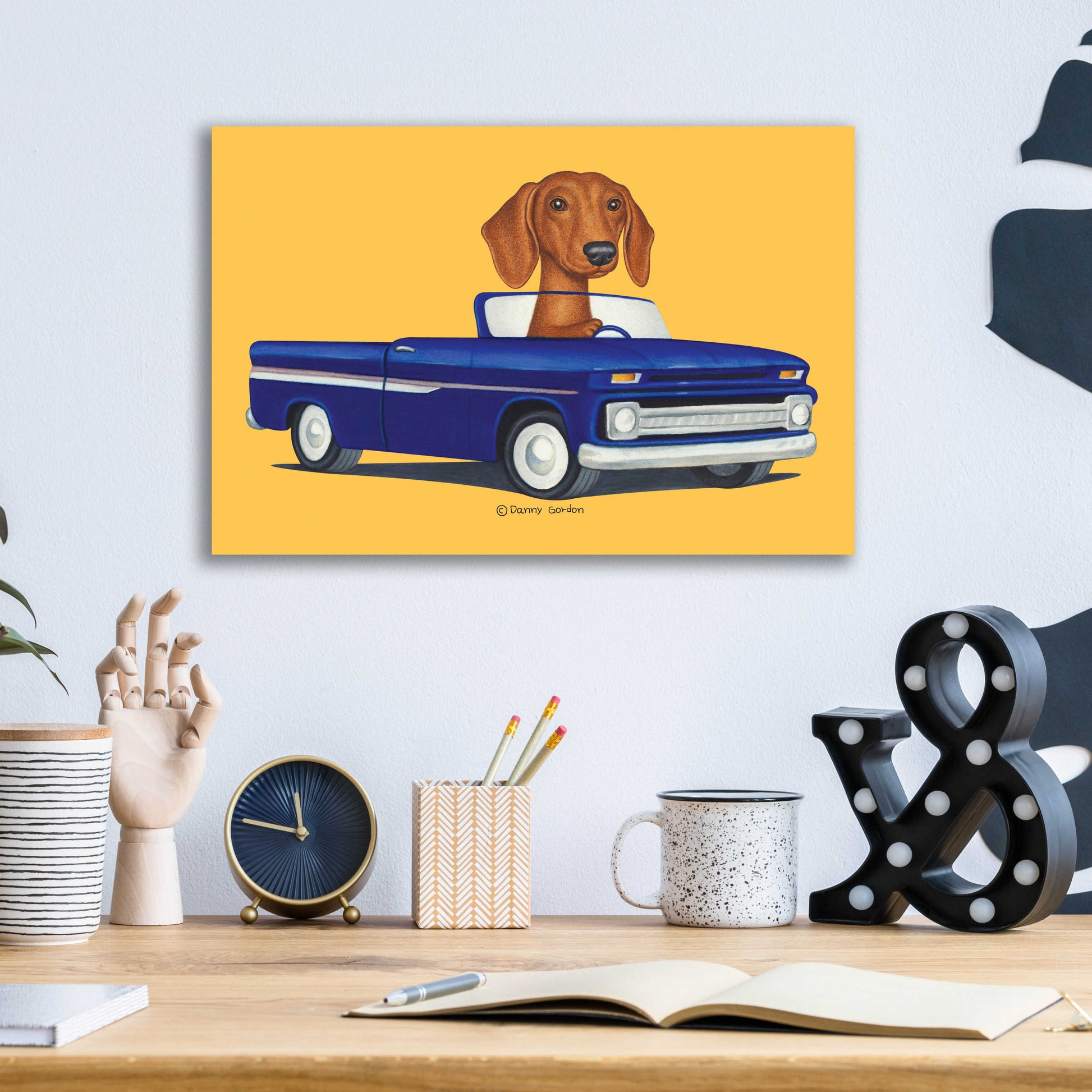 Epic Art 'Brown Dachshund Blue Truck' by Danny Gordon Art, Acrylic Glass Wall Art,16x12