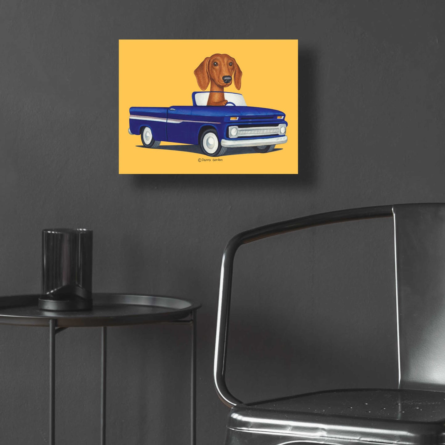 Epic Art 'Brown Dachshund Blue Truck' by Danny Gordon Art, Acrylic Glass Wall Art,16x12