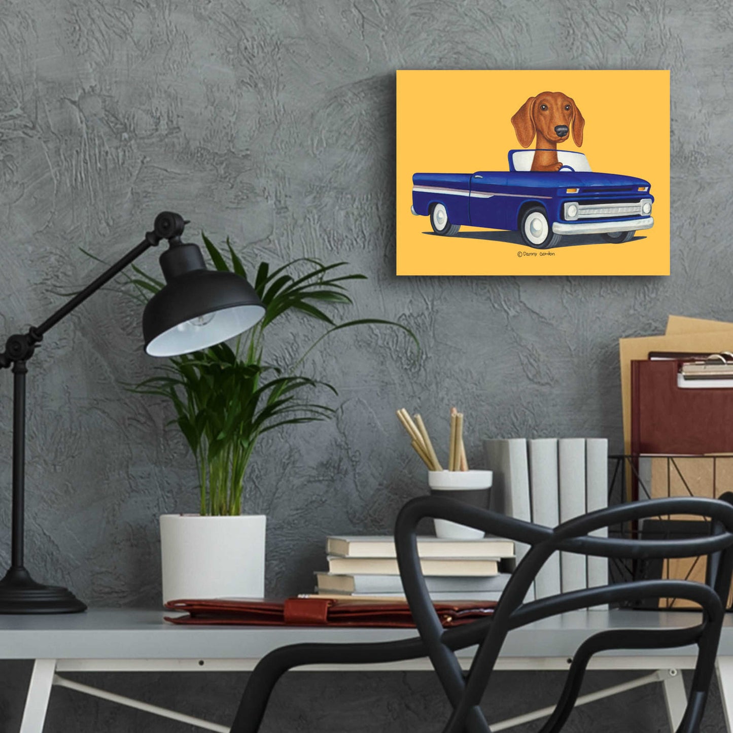 Epic Art 'Brown Dachshund Blue Truck' by Danny Gordon Art, Acrylic Glass Wall Art,16x12