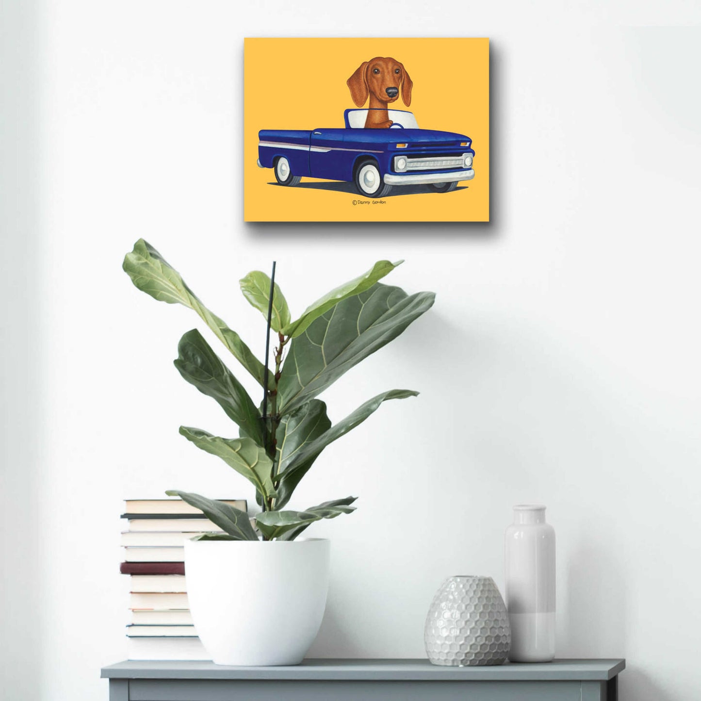 Epic Art 'Brown Dachshund Blue Truck' by Danny Gordon Art, Acrylic Glass Wall Art,16x12