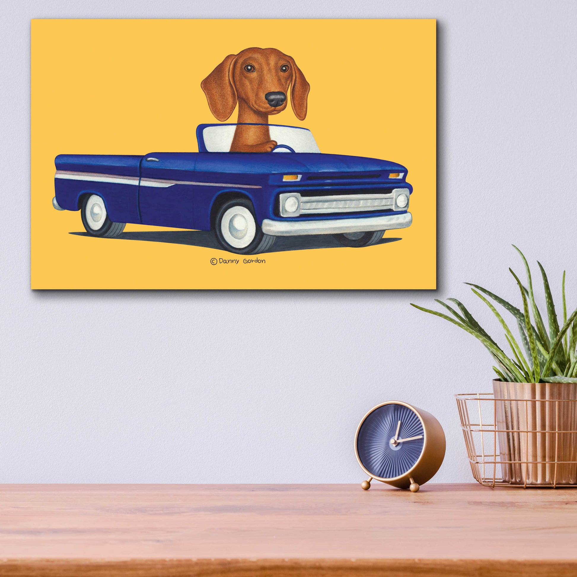 Epic Art 'Brown Dachshund Blue Truck' by Danny Gordon Art, Acrylic Glass Wall Art,16x12