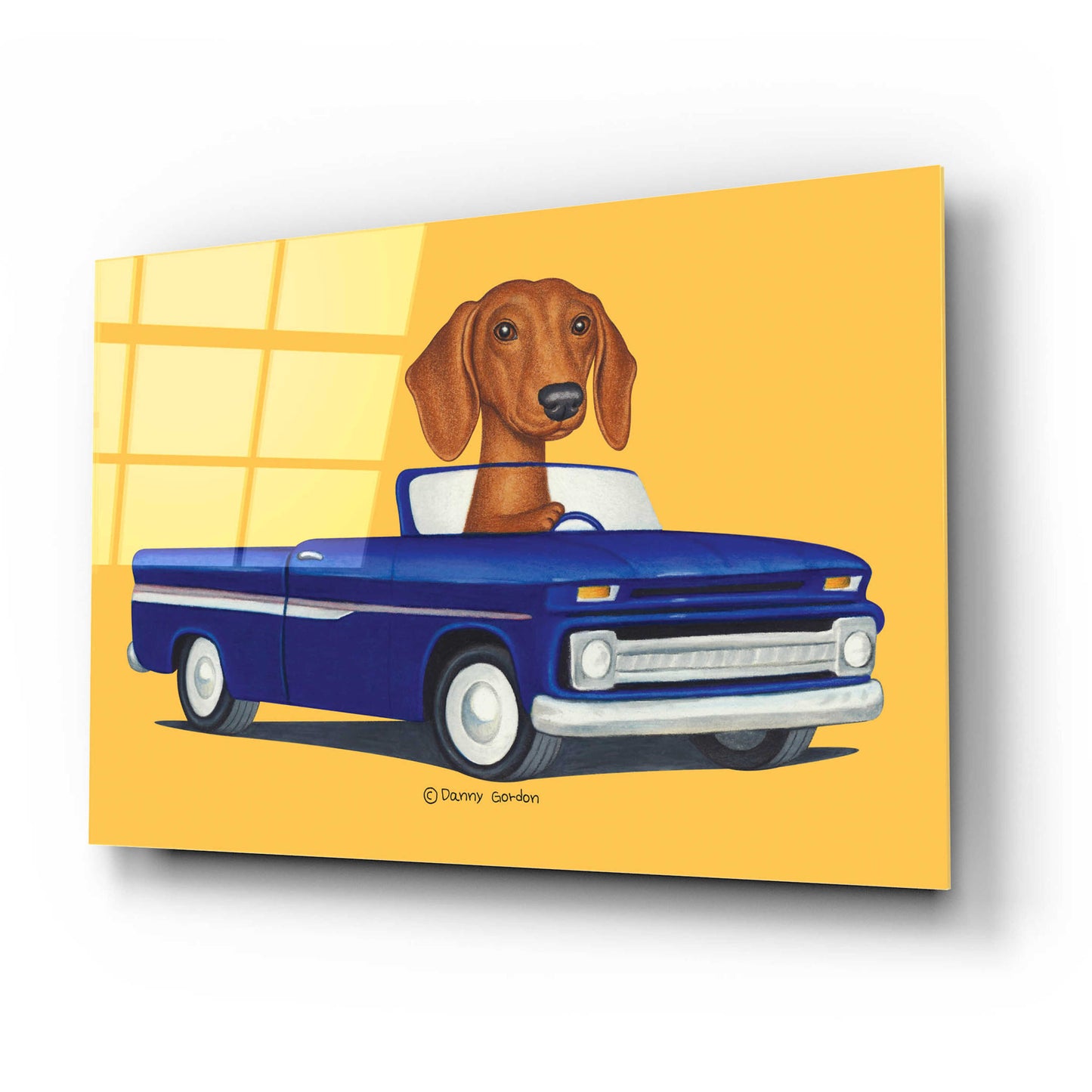 Epic Art 'Brown Dachshund Blue Truck' by Danny Gordon Art, Acrylic Glass Wall Art,24x16