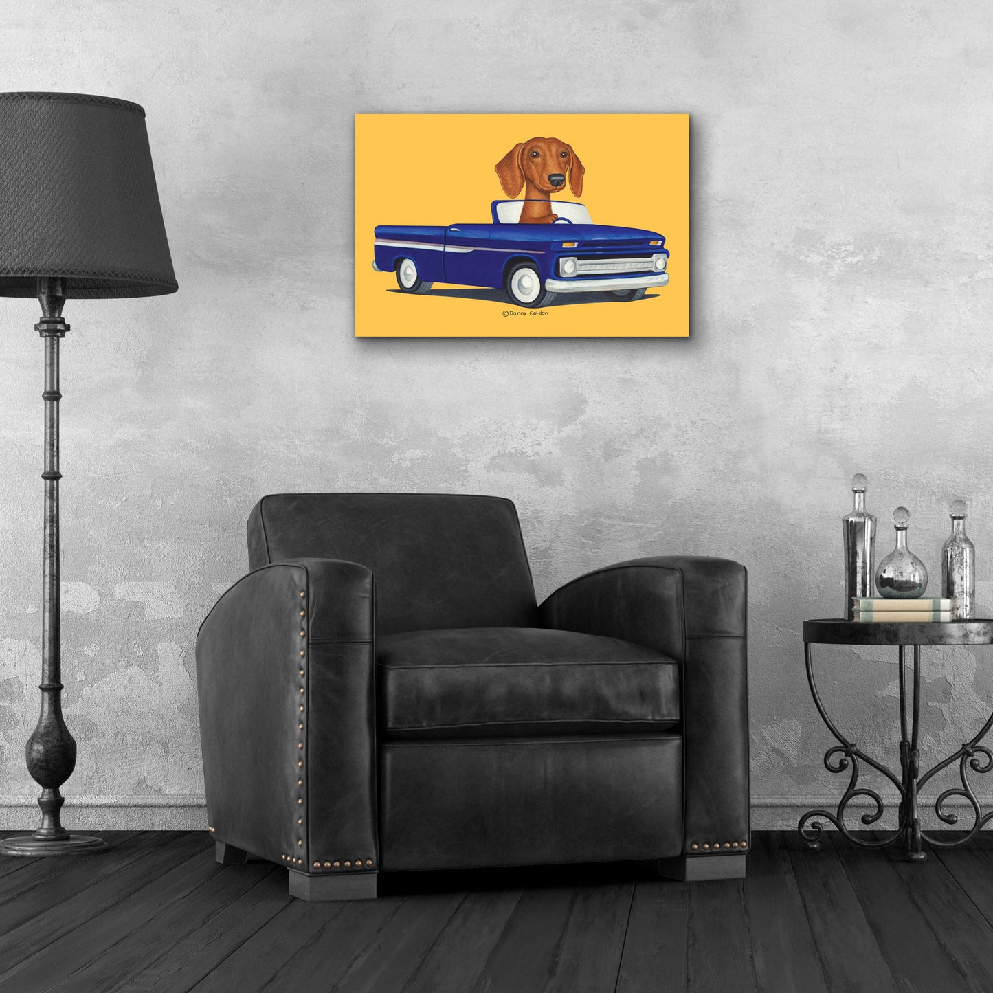 Epic Art 'Brown Dachshund Blue Truck' by Danny Gordon Art, Acrylic Glass Wall Art,24x16