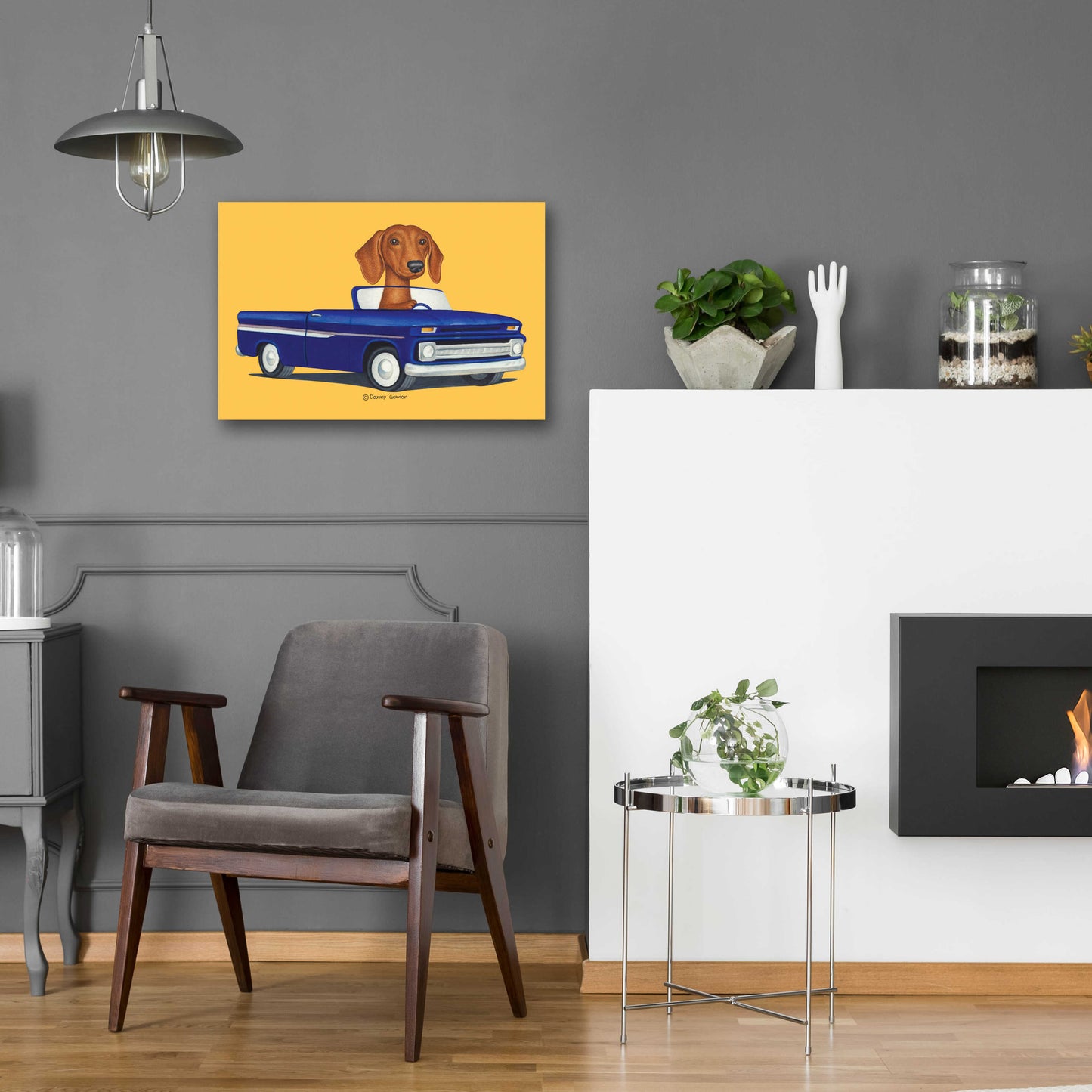 Epic Art 'Brown Dachshund Blue Truck' by Danny Gordon Art, Acrylic Glass Wall Art,24x16