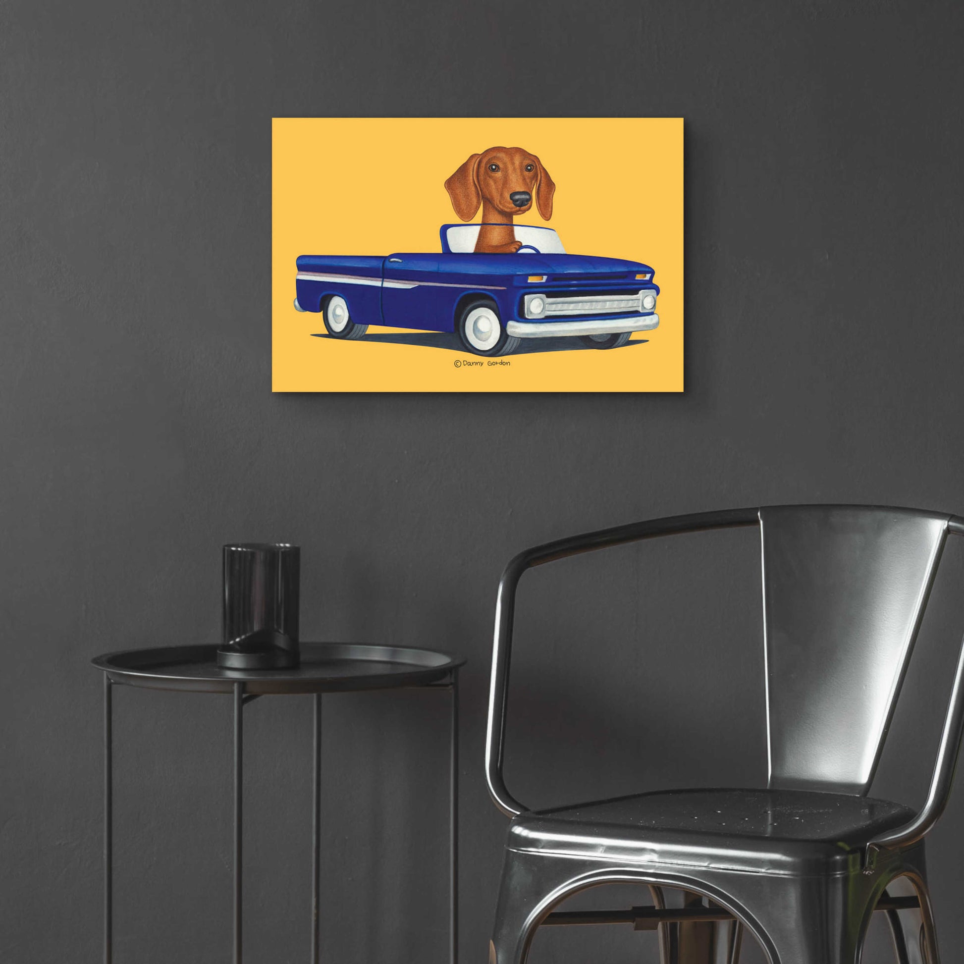 Epic Art 'Brown Dachshund Blue Truck' by Danny Gordon Art, Acrylic Glass Wall Art,24x16