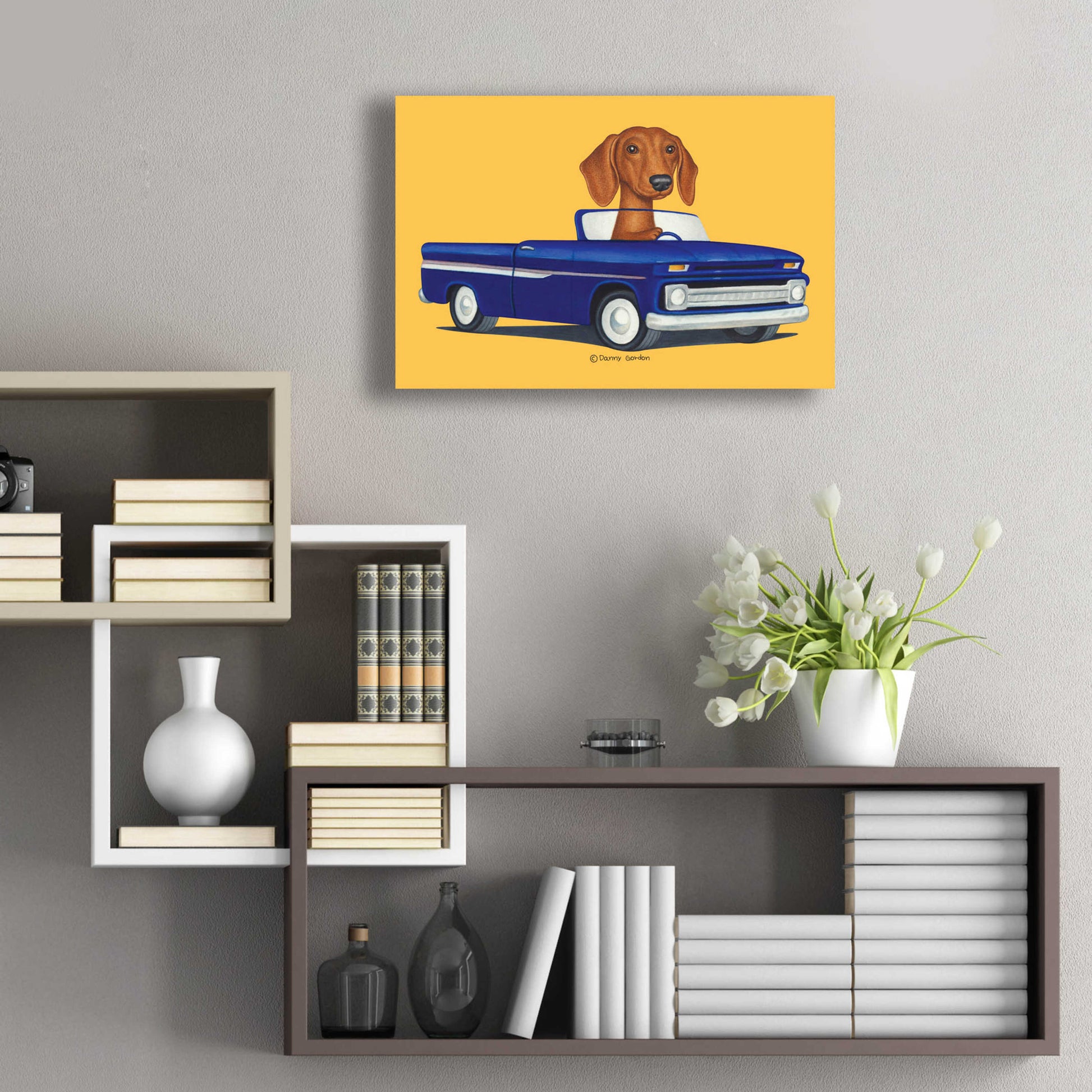 Epic Art 'Brown Dachshund Blue Truck' by Danny Gordon Art, Acrylic Glass Wall Art,24x16