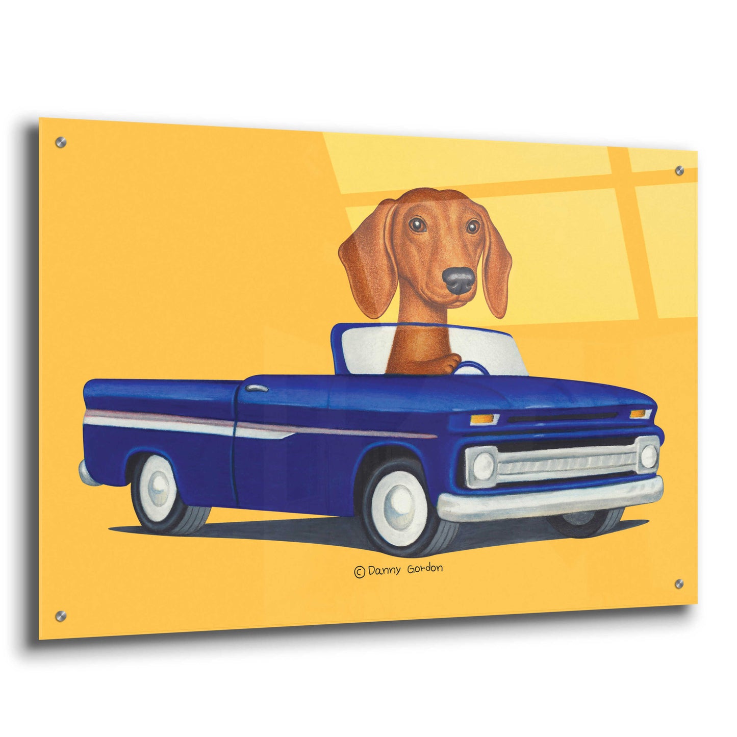 Epic Art 'Brown Dachshund Blue Truck' by Danny Gordon Art, Acrylic Glass Wall Art,36x24