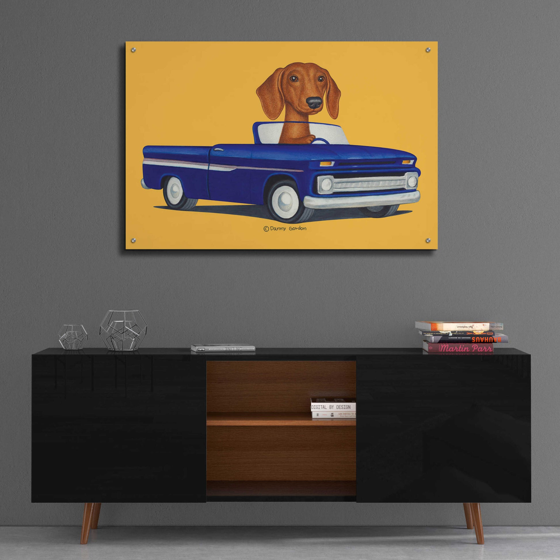 Epic Art 'Brown Dachshund Blue Truck' by Danny Gordon Art, Acrylic Glass Wall Art,36x24