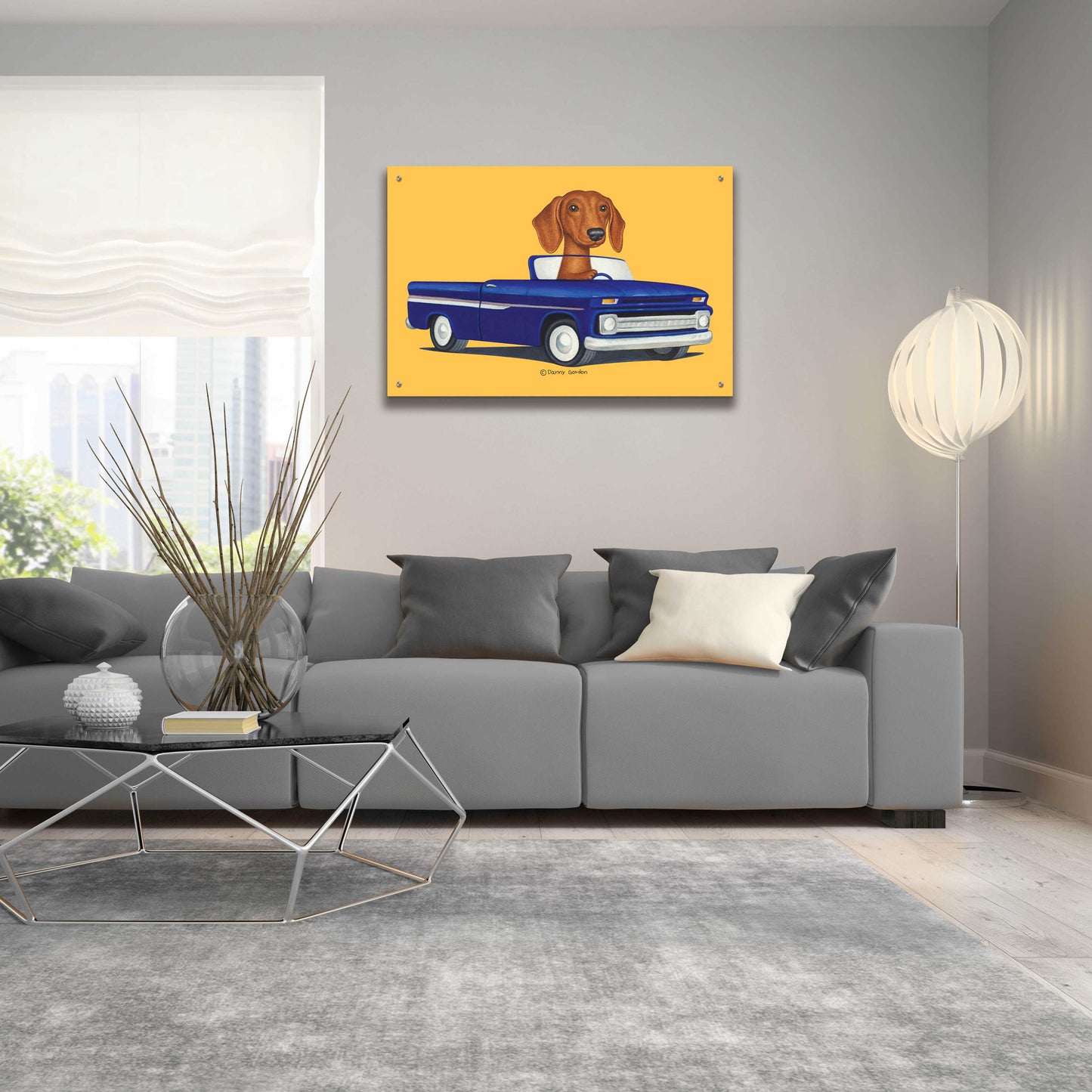 Epic Art 'Brown Dachshund Blue Truck' by Danny Gordon Art, Acrylic Glass Wall Art,36x24