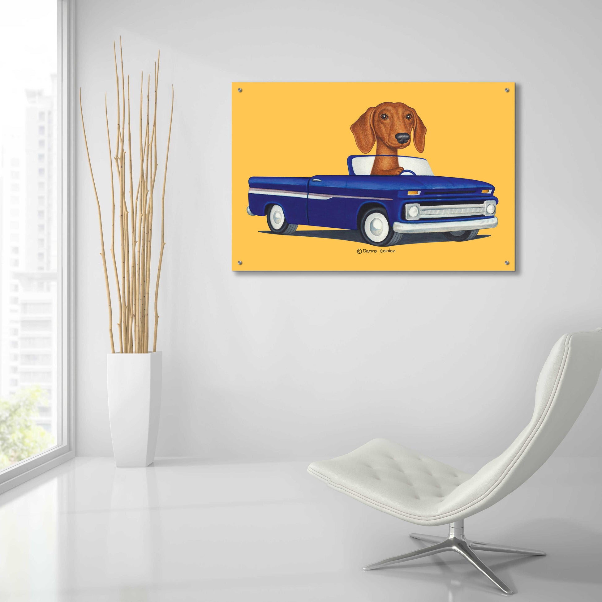 Epic Art 'Brown Dachshund Blue Truck' by Danny Gordon Art, Acrylic Glass Wall Art,36x24