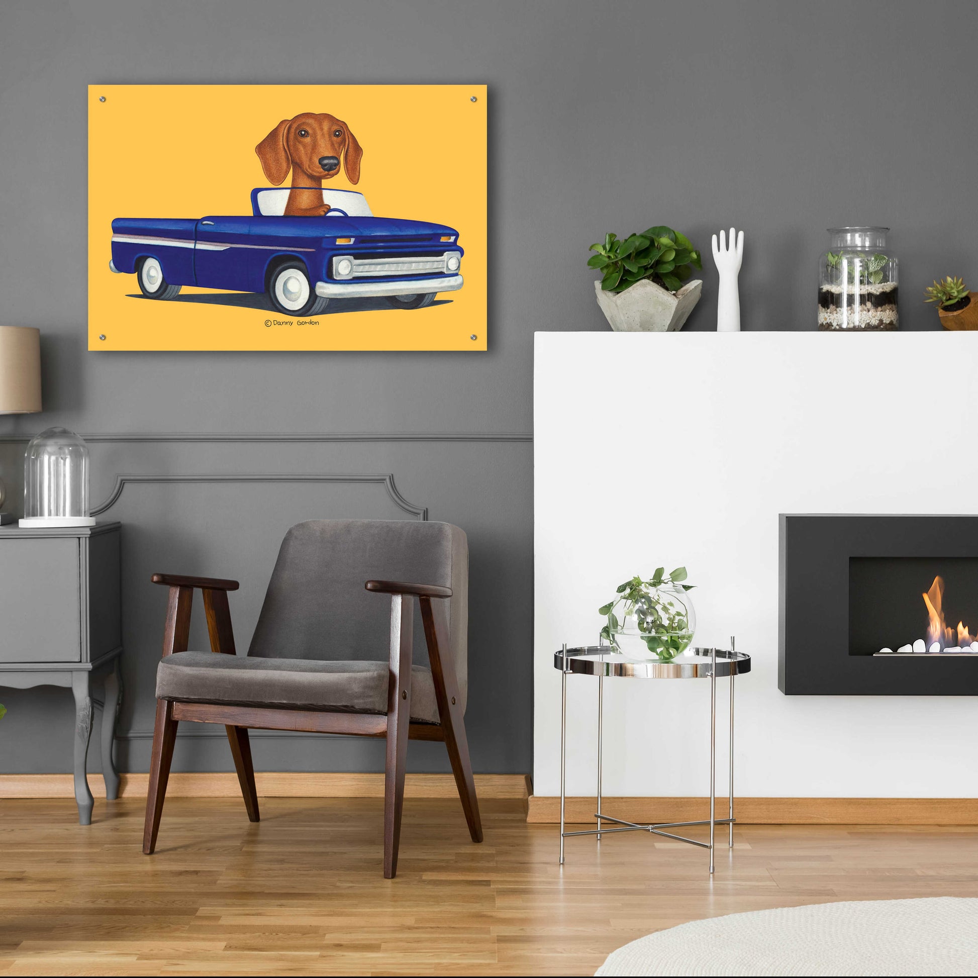 Epic Art 'Brown Dachshund Blue Truck' by Danny Gordon Art, Acrylic Glass Wall Art,36x24