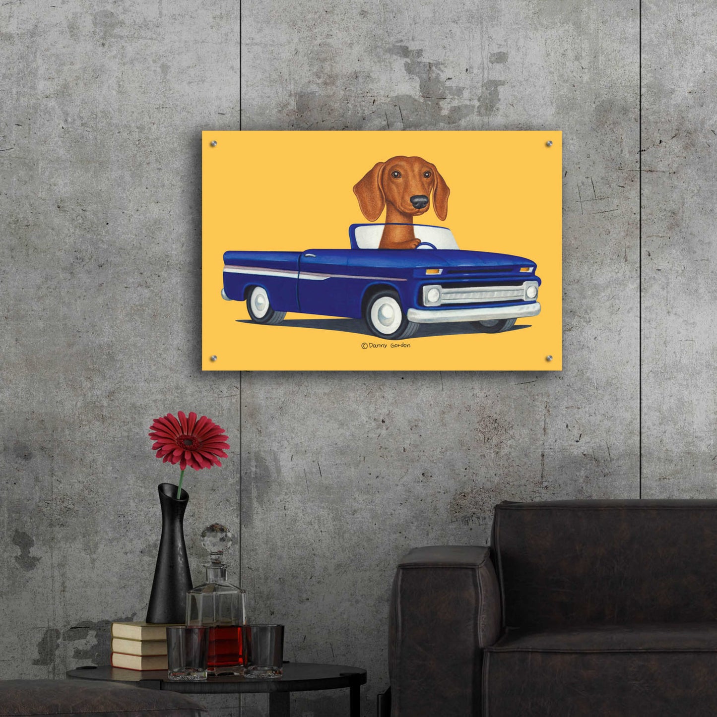 Epic Art 'Brown Dachshund Blue Truck' by Danny Gordon Art, Acrylic Glass Wall Art,36x24