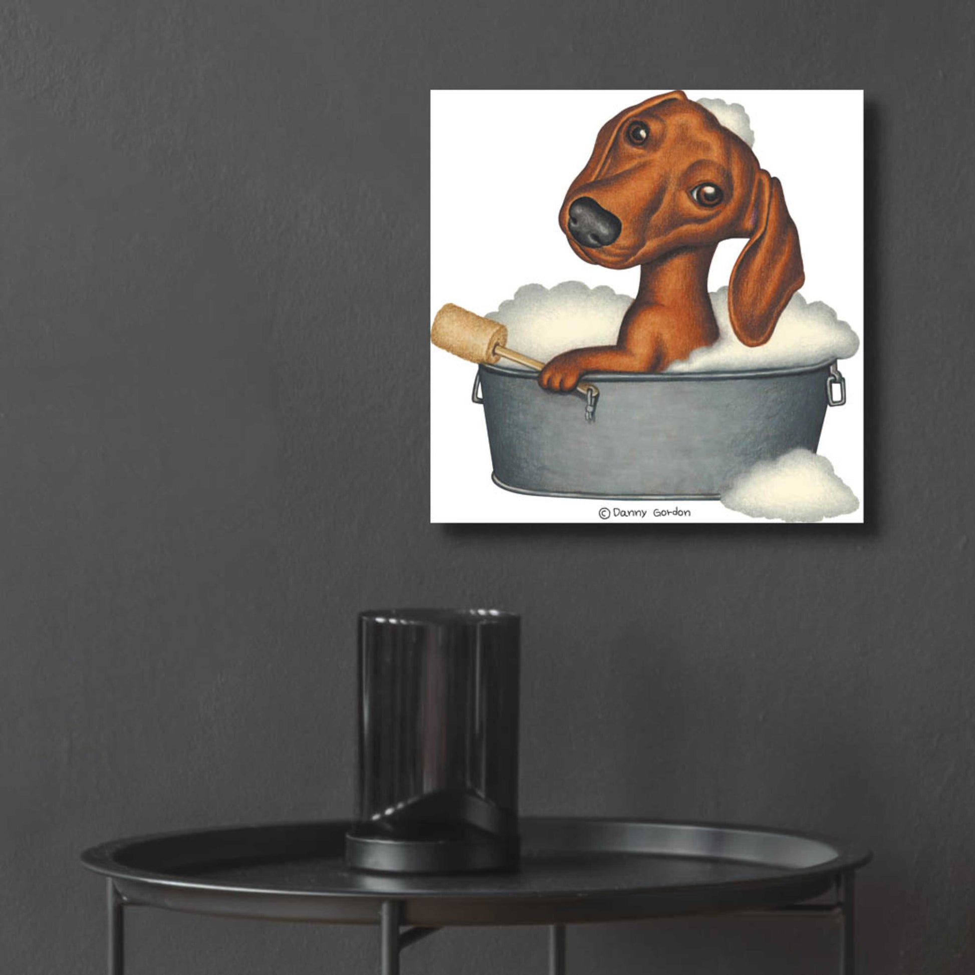 Epic Art 'Brown Dachshund Bubble Bath' by Danny Gordon Art, Acrylic Glass Wall Art,12x12