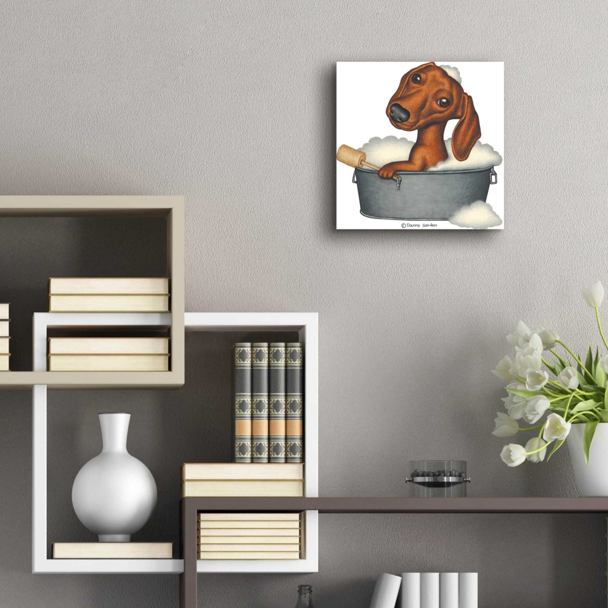 Epic Art 'Brown Dachshund Bubble Bath' by Danny Gordon Art, Acrylic Glass Wall Art,12x12