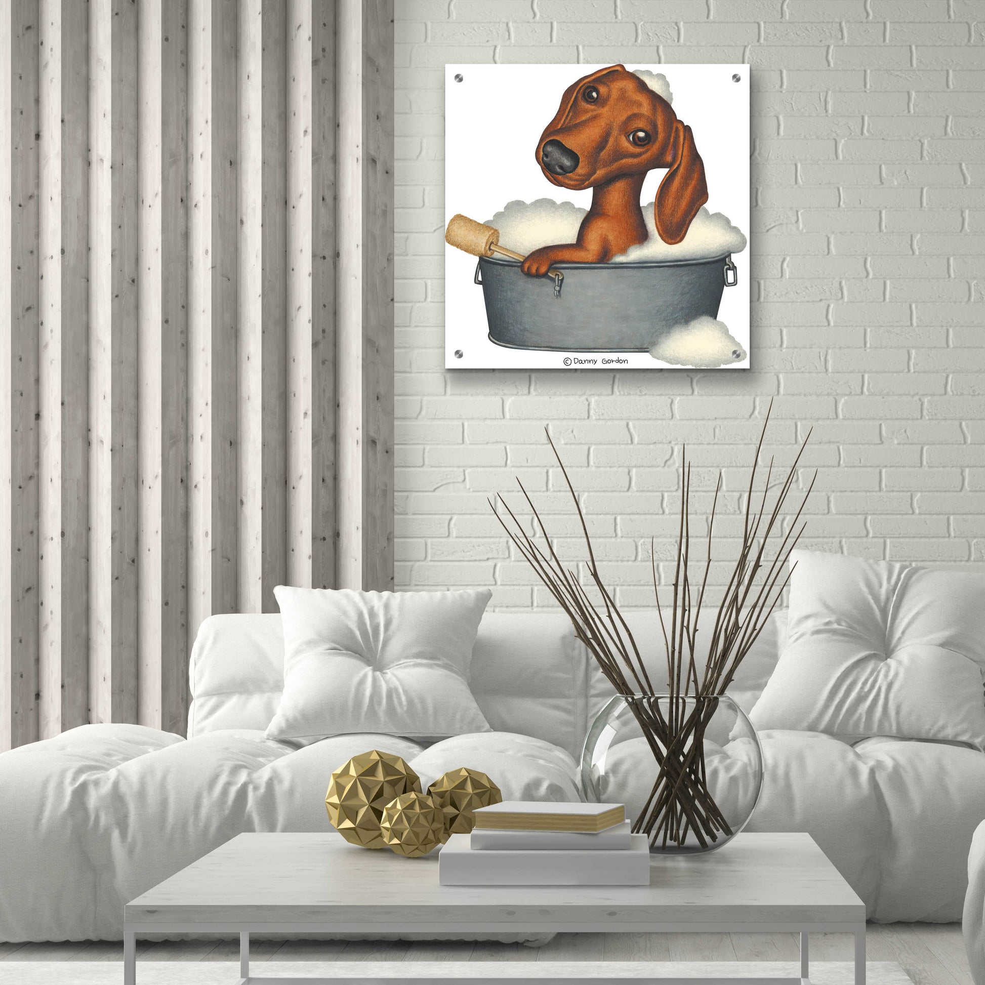 Epic Art 'Brown Dachshund Bubble Bath' by Danny Gordon Art, Acrylic Glass Wall Art,24x24