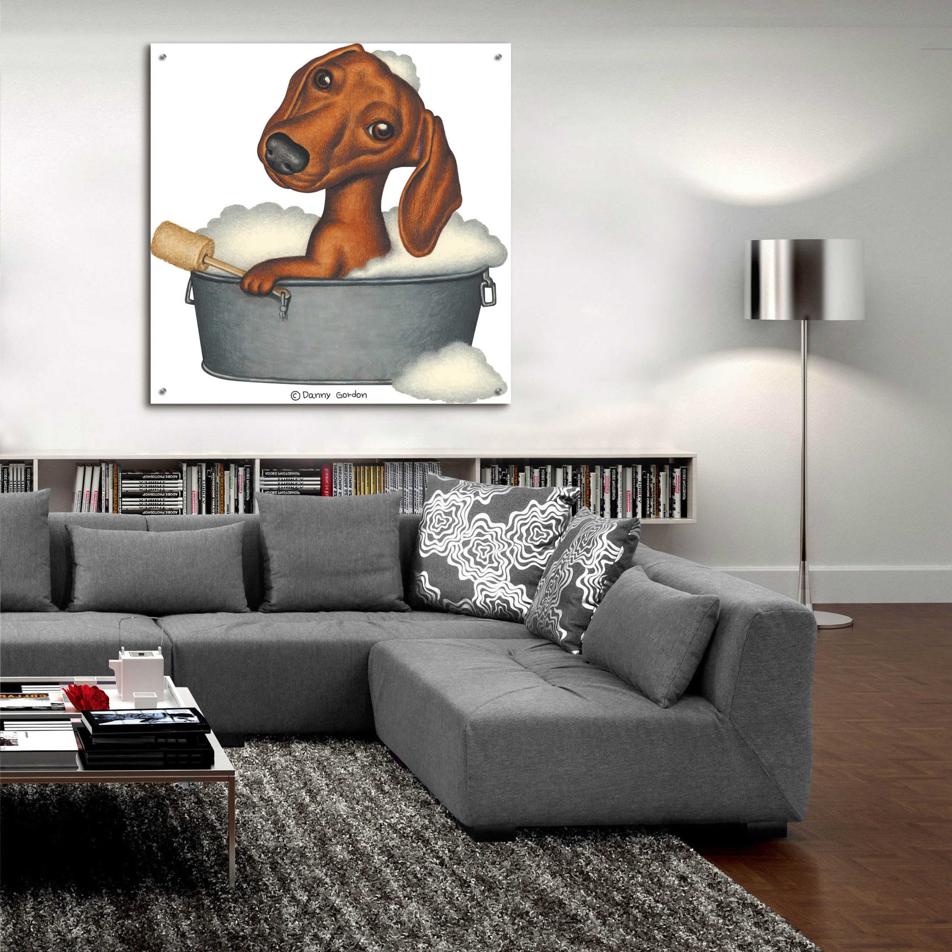 Epic Art 'Brown Dachshund Bubble Bath' by Danny Gordon Art, Acrylic Glass Wall Art,36x36