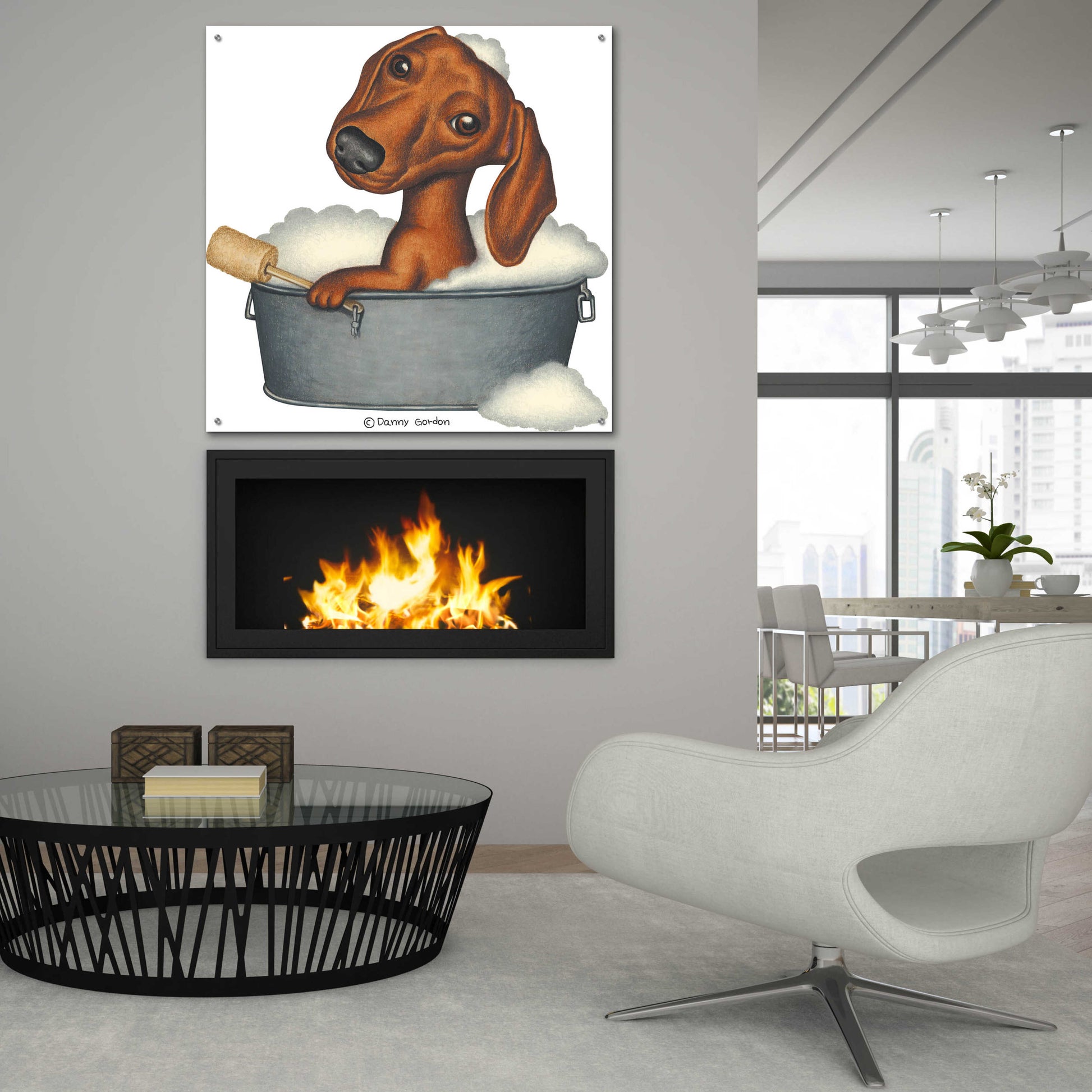 Epic Art 'Brown Dachshund Bubble Bath' by Danny Gordon Art, Acrylic Glass Wall Art,36x36