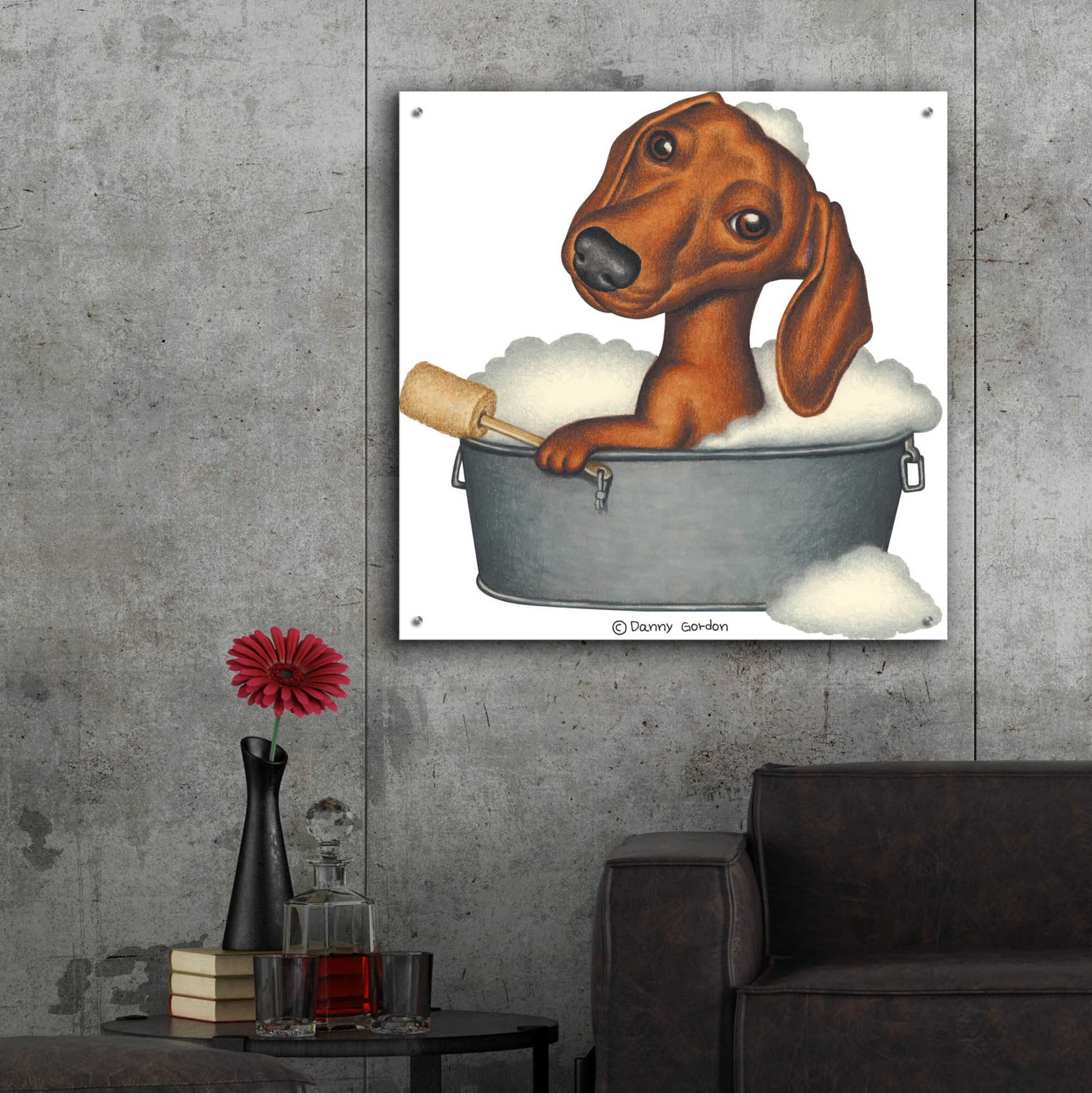 Epic Art 'Brown Dachshund Bubble Bath' by Danny Gordon Art, Acrylic Glass Wall Art,36x36