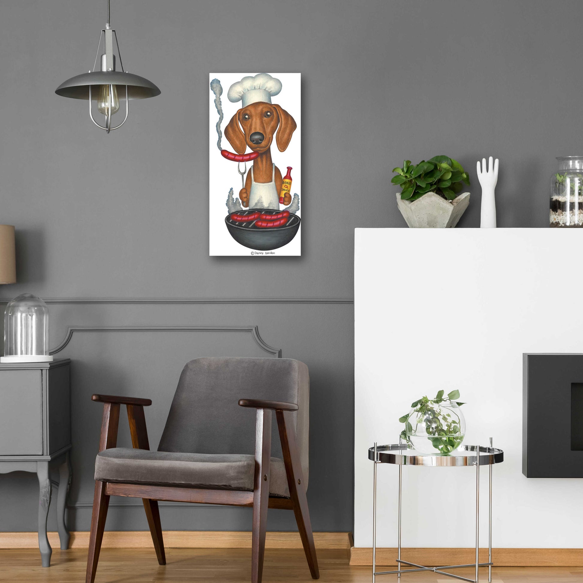 Epic Art 'Brown Dachshund Cooking Wieners' by Danny Gordon Art, Acrylic Glass Wall Art,12x24