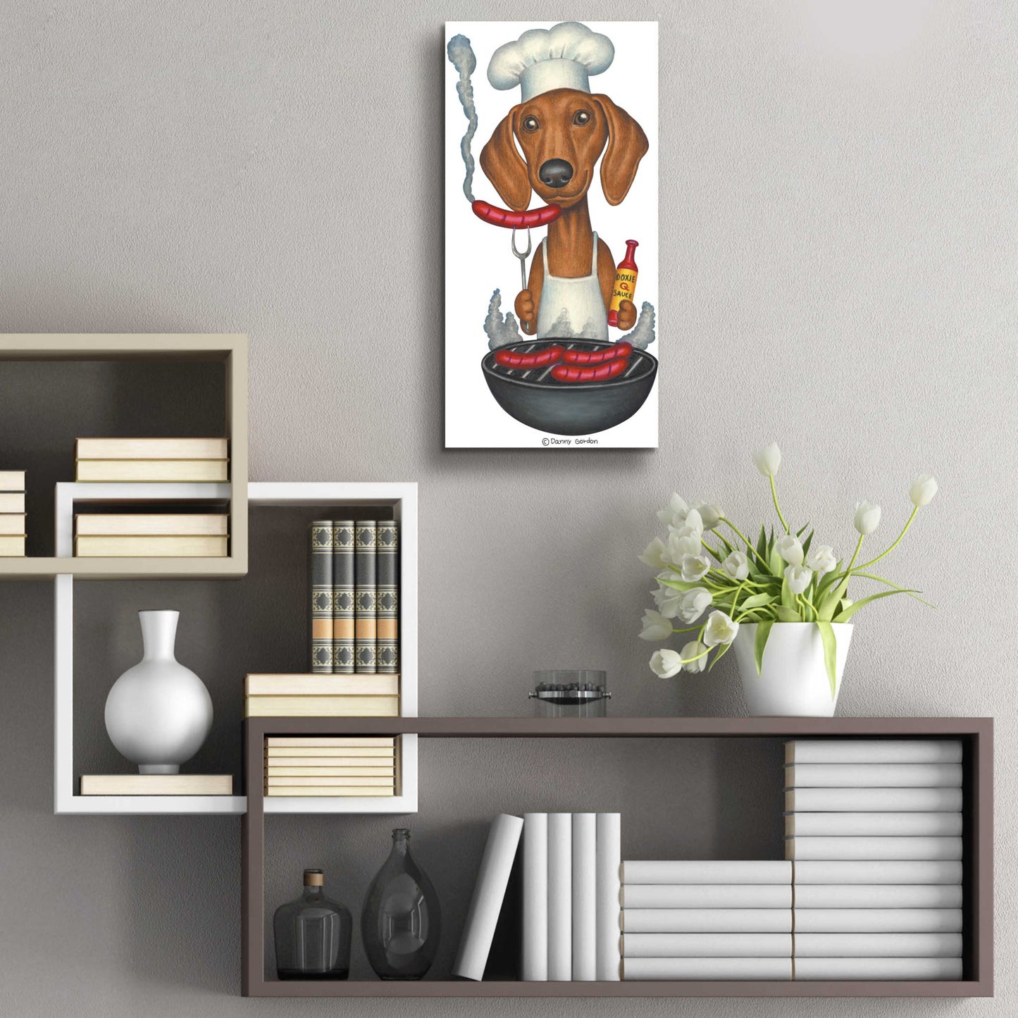 Epic Art 'Brown Dachshund Cooking Wieners' by Danny Gordon Art, Acrylic Glass Wall Art,12x24