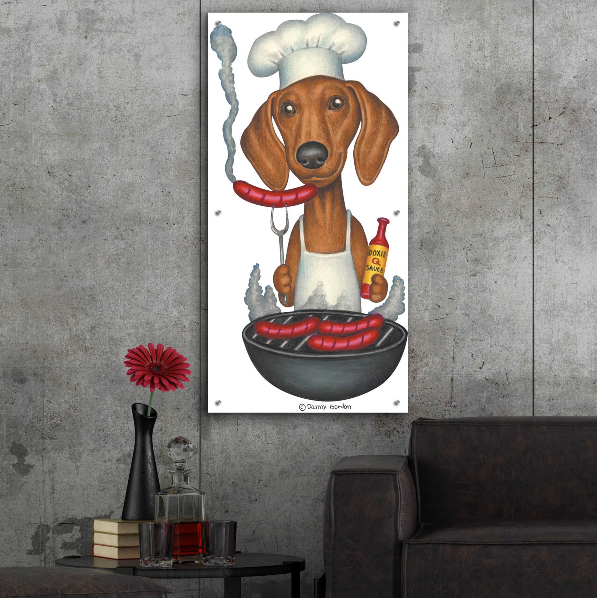 Epic Art 'Brown Dachshund Cooking Wieners' by Danny Gordon Art, Acrylic Glass Wall Art,24x48