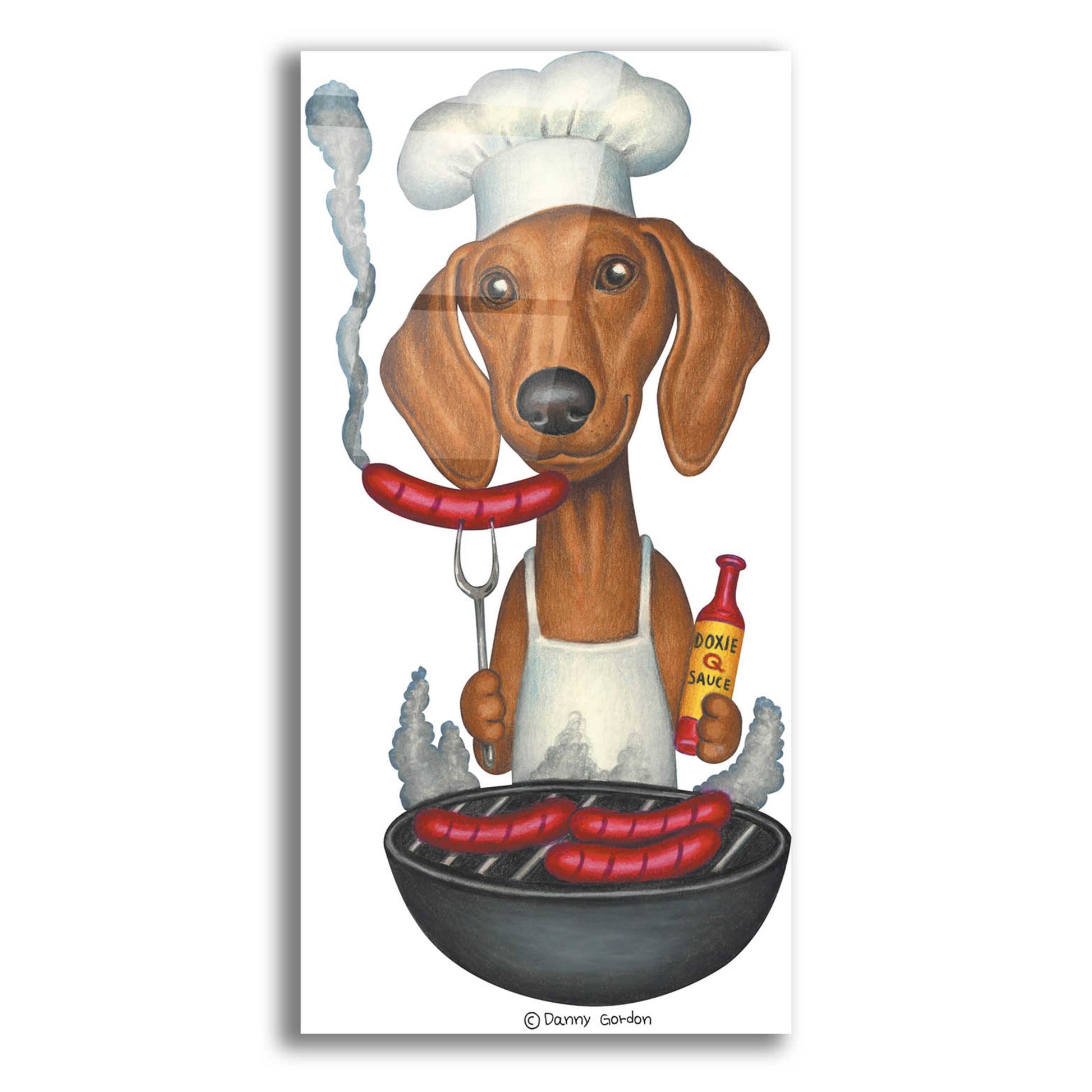 Epic Art 'Brown Dachshund Cooking Wieners' by Danny Gordon Art, Acrylic Glass Wall Art